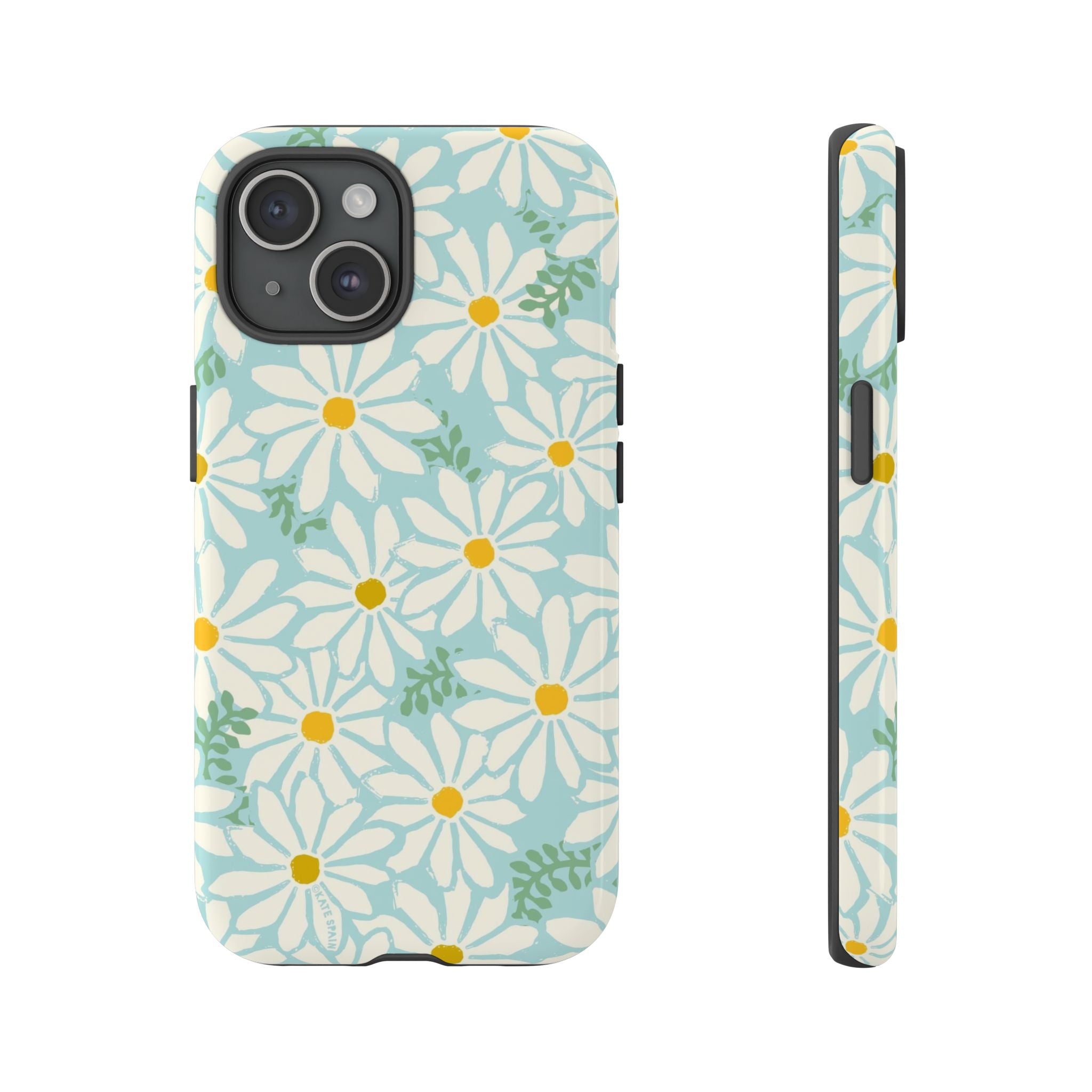 Daisies Tough iPhone 15 Case – Glossy | mint, white, yellow botanical daisy floral print