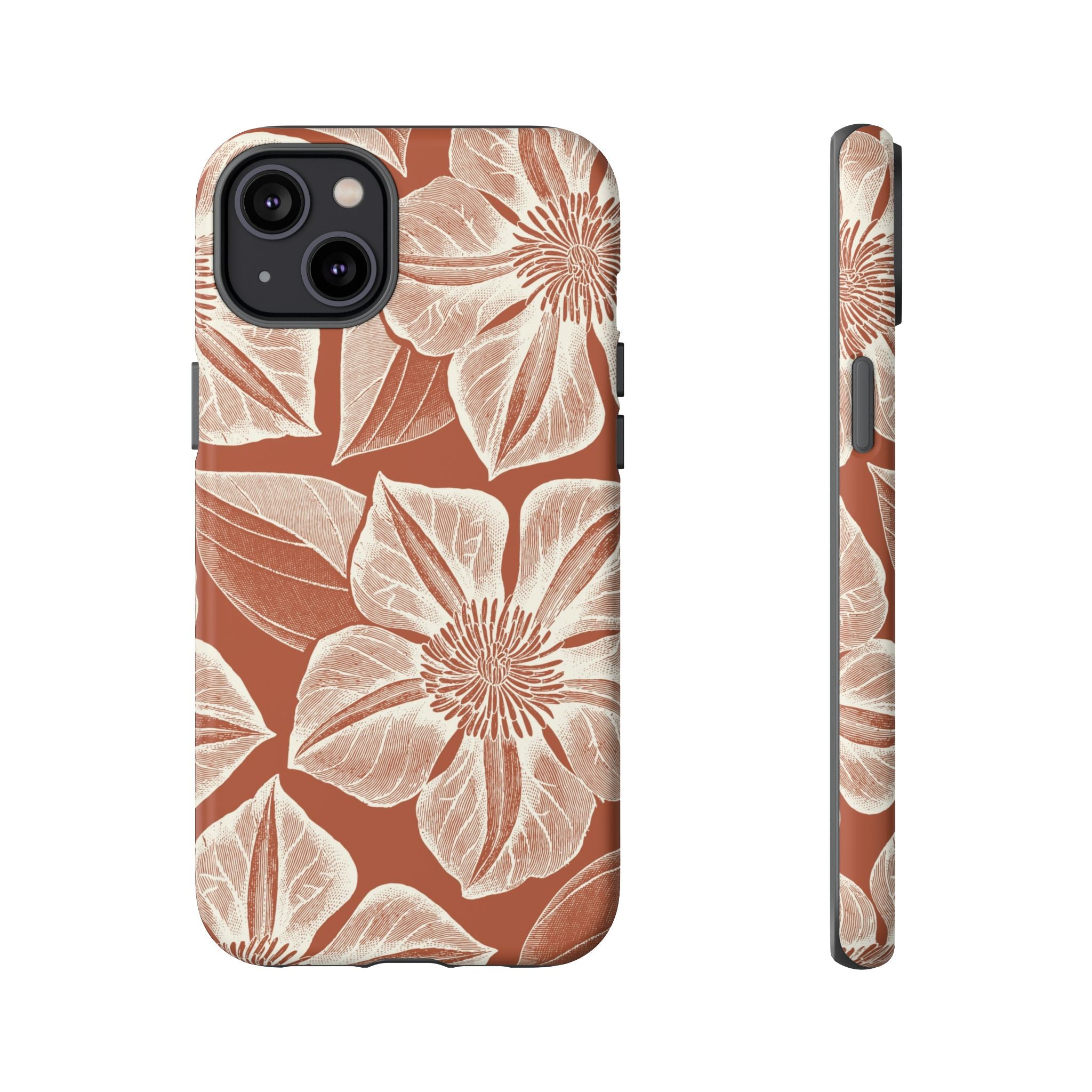 Vintage Bloom Sienna iPhone 14 Plus case – Matte | sienna ground, large-scale cream clematis print, engraved petal detail, dual-layer protection