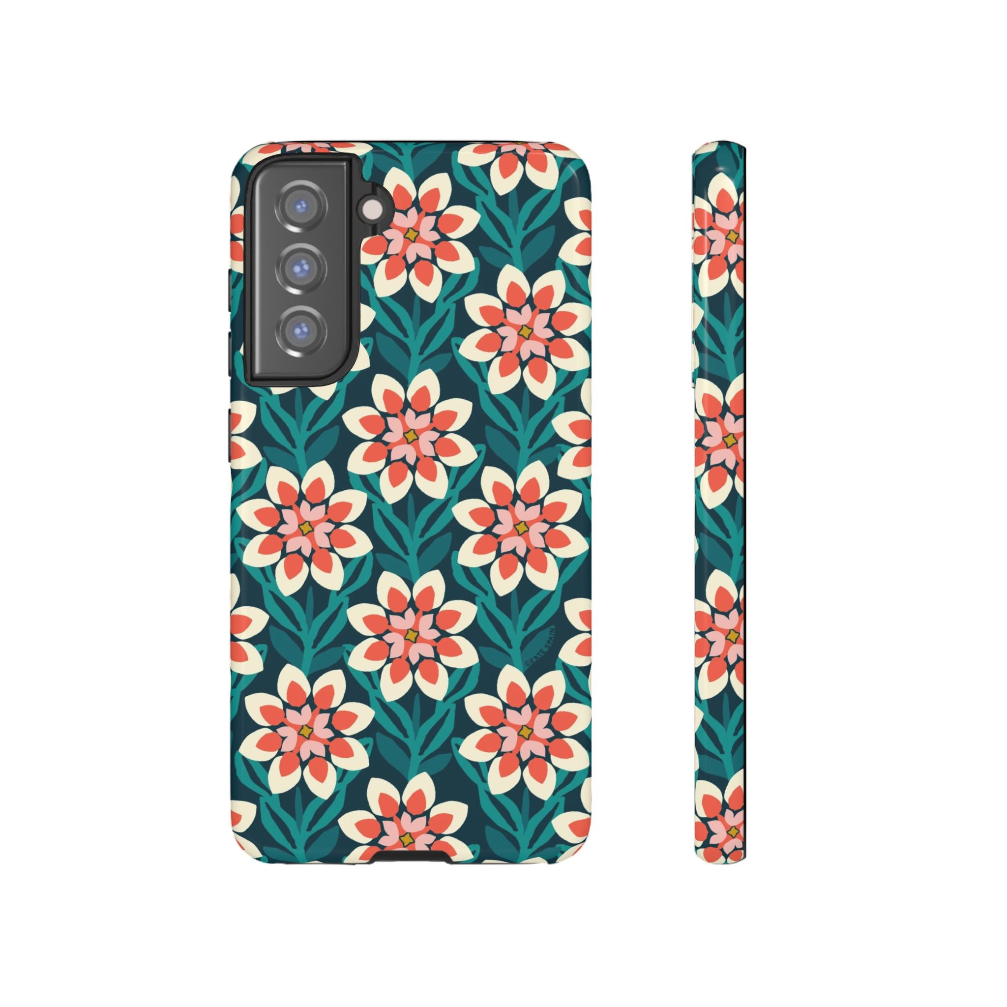 Luxury Modern Dahlia Samsung Galaxy S21 FE Case – Glossy | teal, coral, pink, cream modern dahlia print