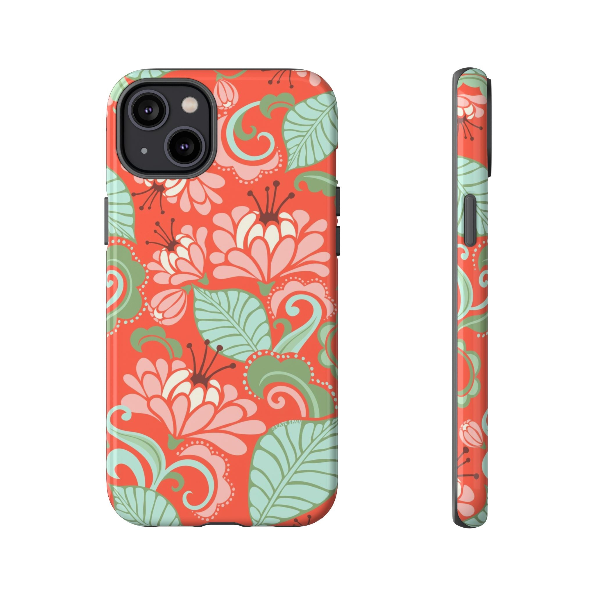 Sarabande Tough iPhone 14 Plus Case – Glossy | coral, pink, cream, green botanical floral print