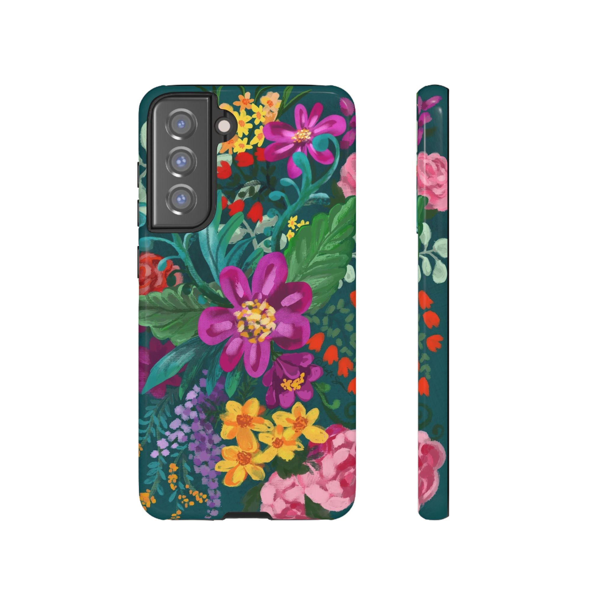 Tropical Posy Samsung Galaxy S21 FE Case – Glossy | teal, magenta, yellow, pink vibrant botanical floral print