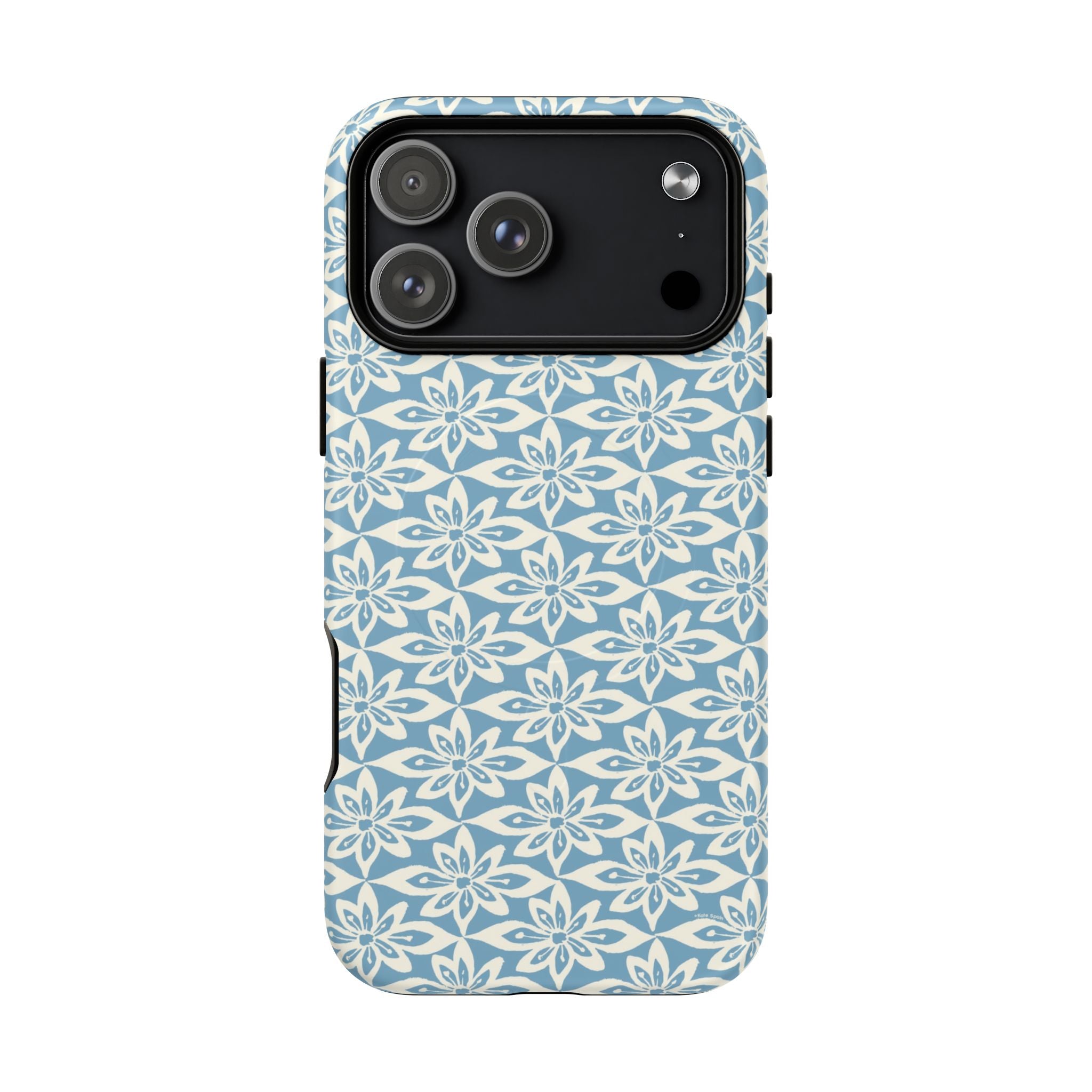 Lily Blue MagSafe iPhone 17 Pro Max Matte case — geometric white lily print on dusty blue by Kate Spain