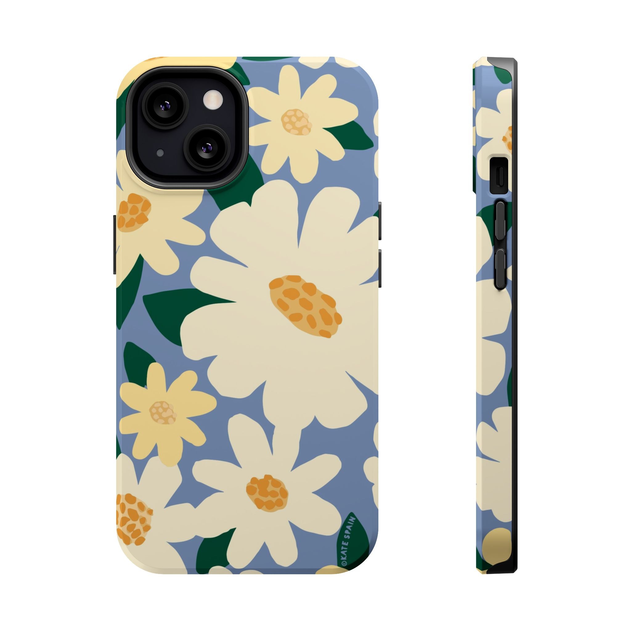 Chamomile MagSafe iPhone 13 Case – Glossy | periwinkle, cream, yellow botanical daisy floral print MagSafe compatible, dual-layer protection