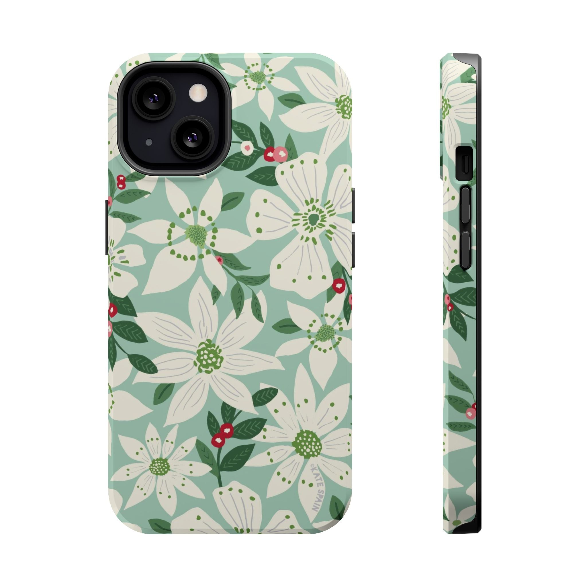 Gardenia MagSafe iPhone 13 Case – Glossy | light blue, white, green, red gardenia botanical print MagSafe compatible, dual-layer protection