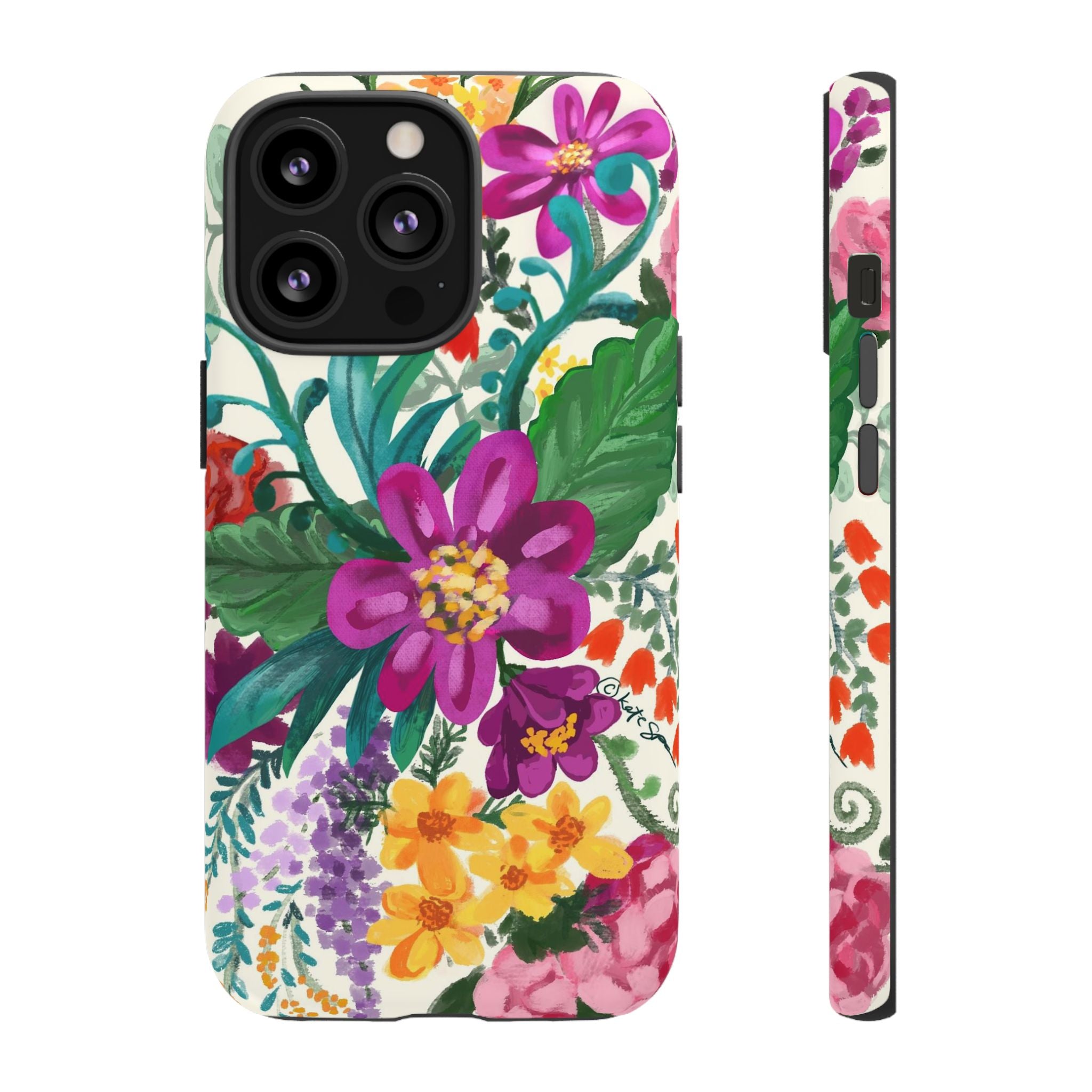 Posy Tough iPhone 13 Pro Case – Matte | cream, magenta, coral botanical floral print