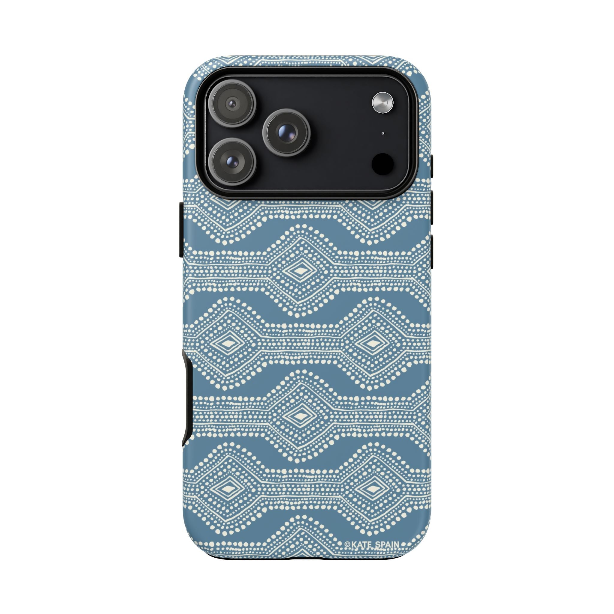 Diamond Dots Tough iPhone 17 Pro Max Case – Matte | steel blue, white diamond dot geometric print