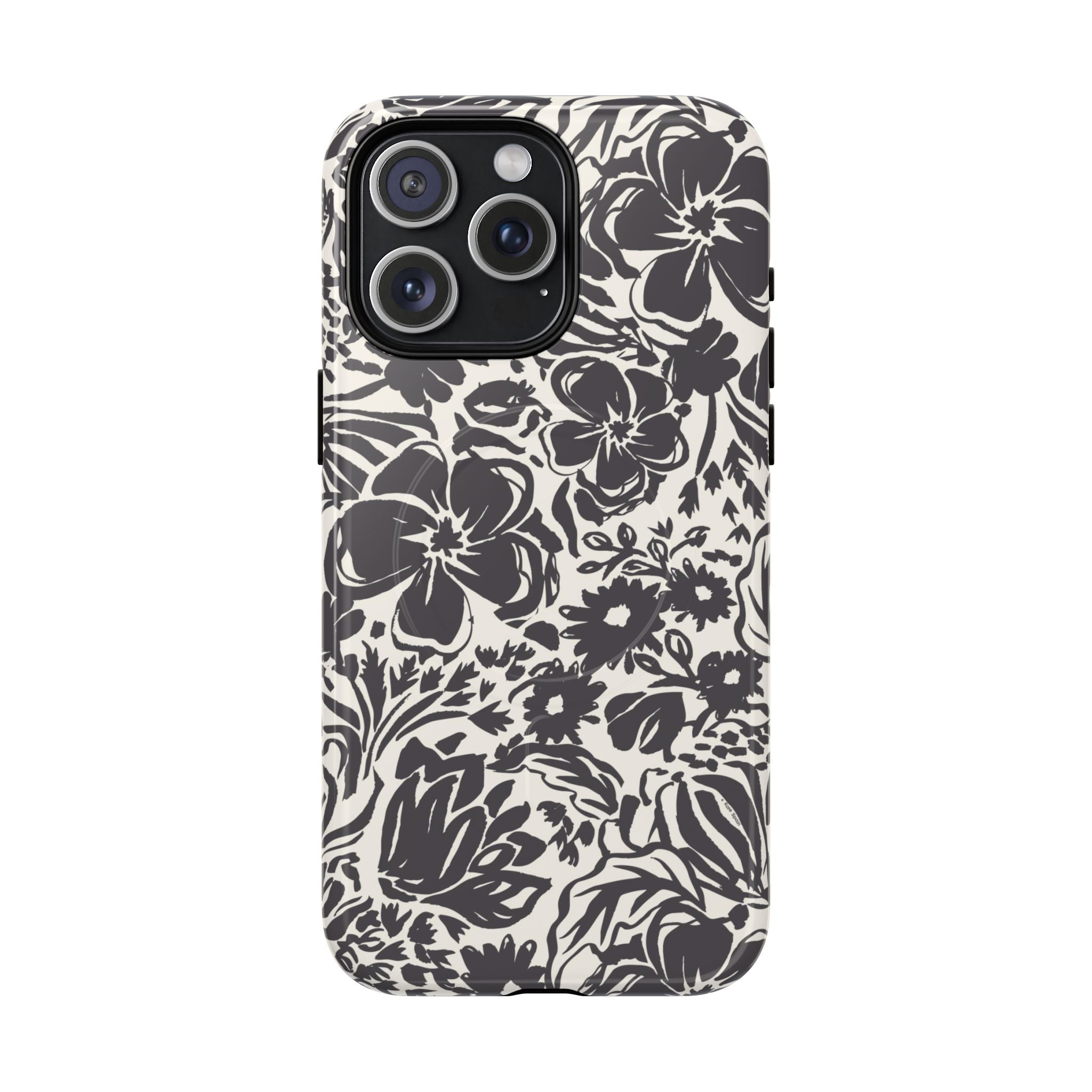 Rhapsody Black MagSafe iPhone 15 Pro Max Glossy case — bold charcoal floral print on cream by Kate Spain