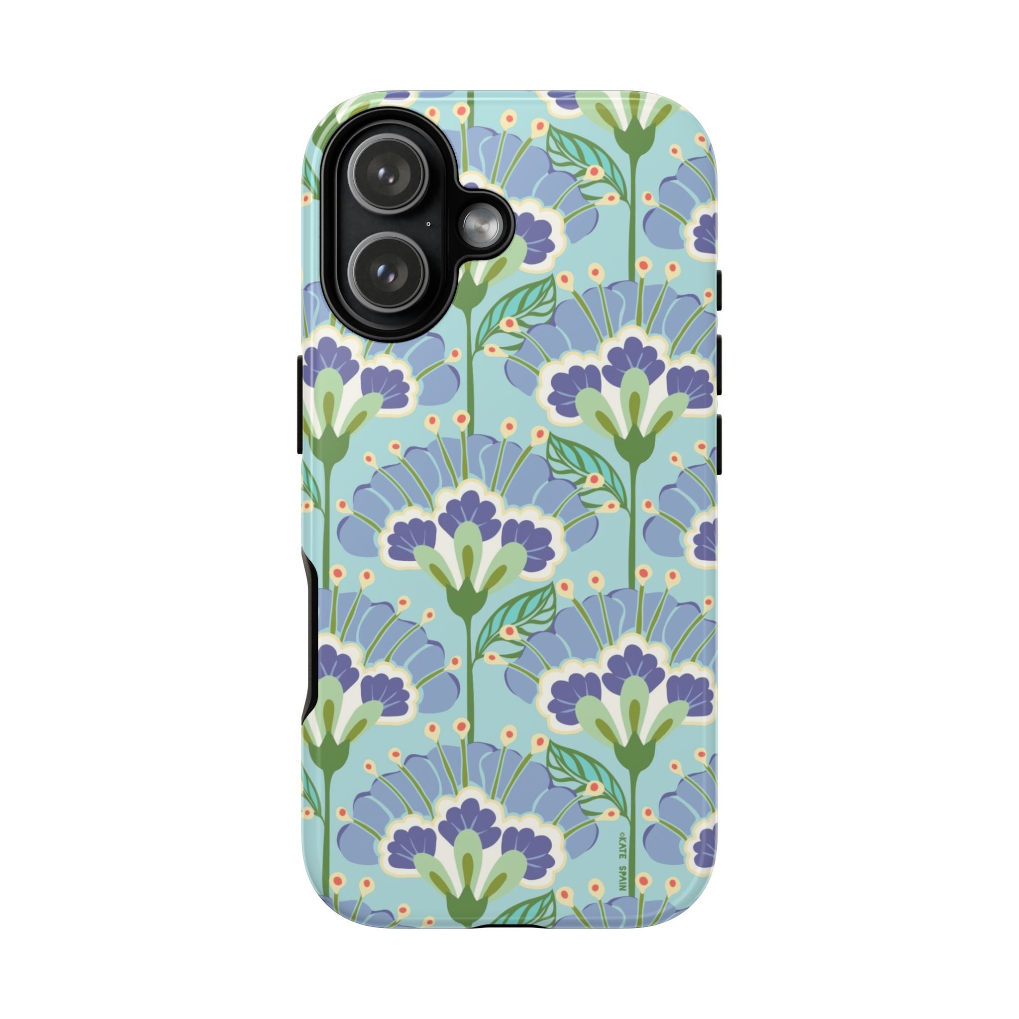 Lantern Flower Tough iPhone 17 Case – Glossy | aqua, periwinkle, green botanical lantern floral print