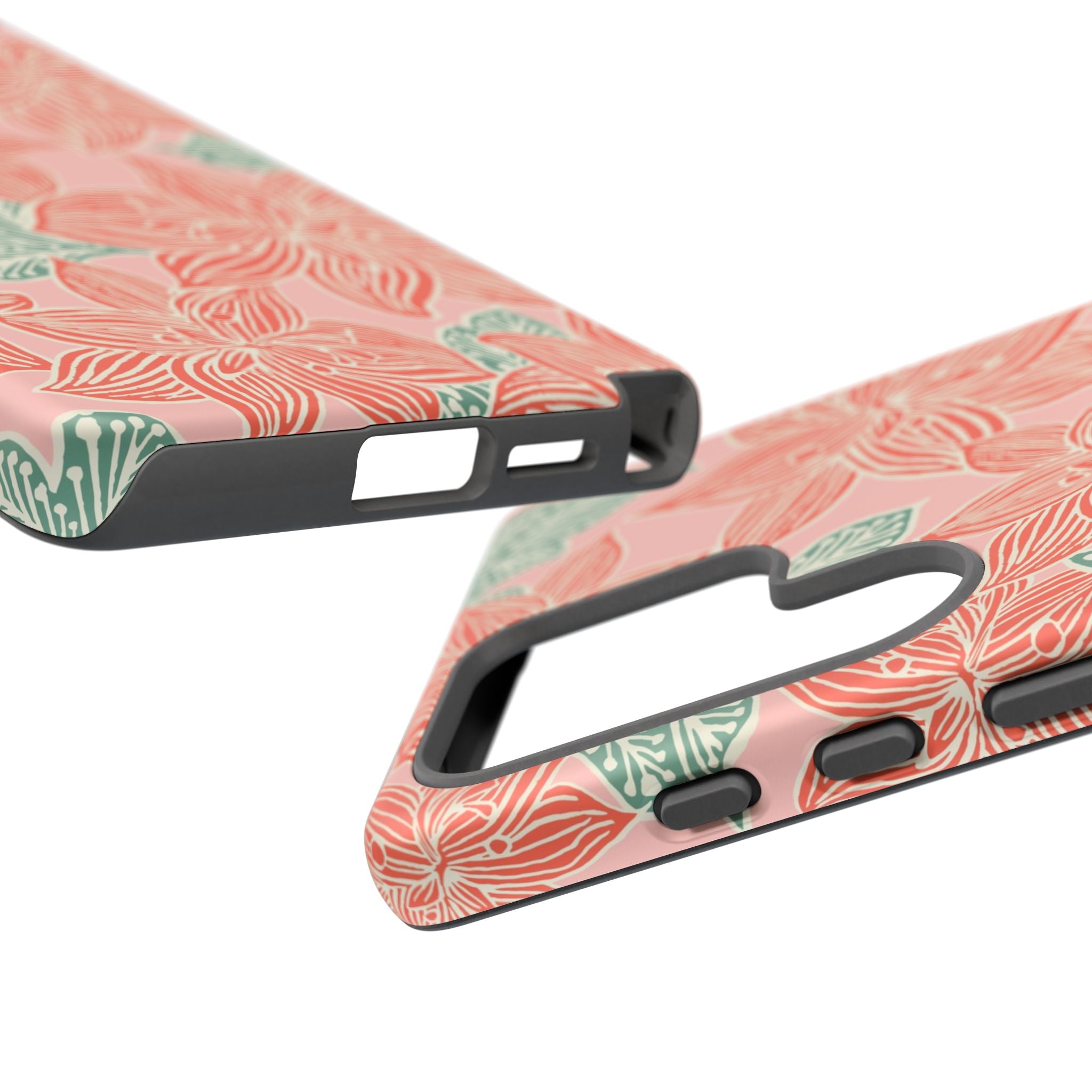 Hibiscus Coral Samsung Galaxy S26 Ultra Glossy Case — angled view showing slim profile; coral red hibiscus and teal-green leaves botanical print