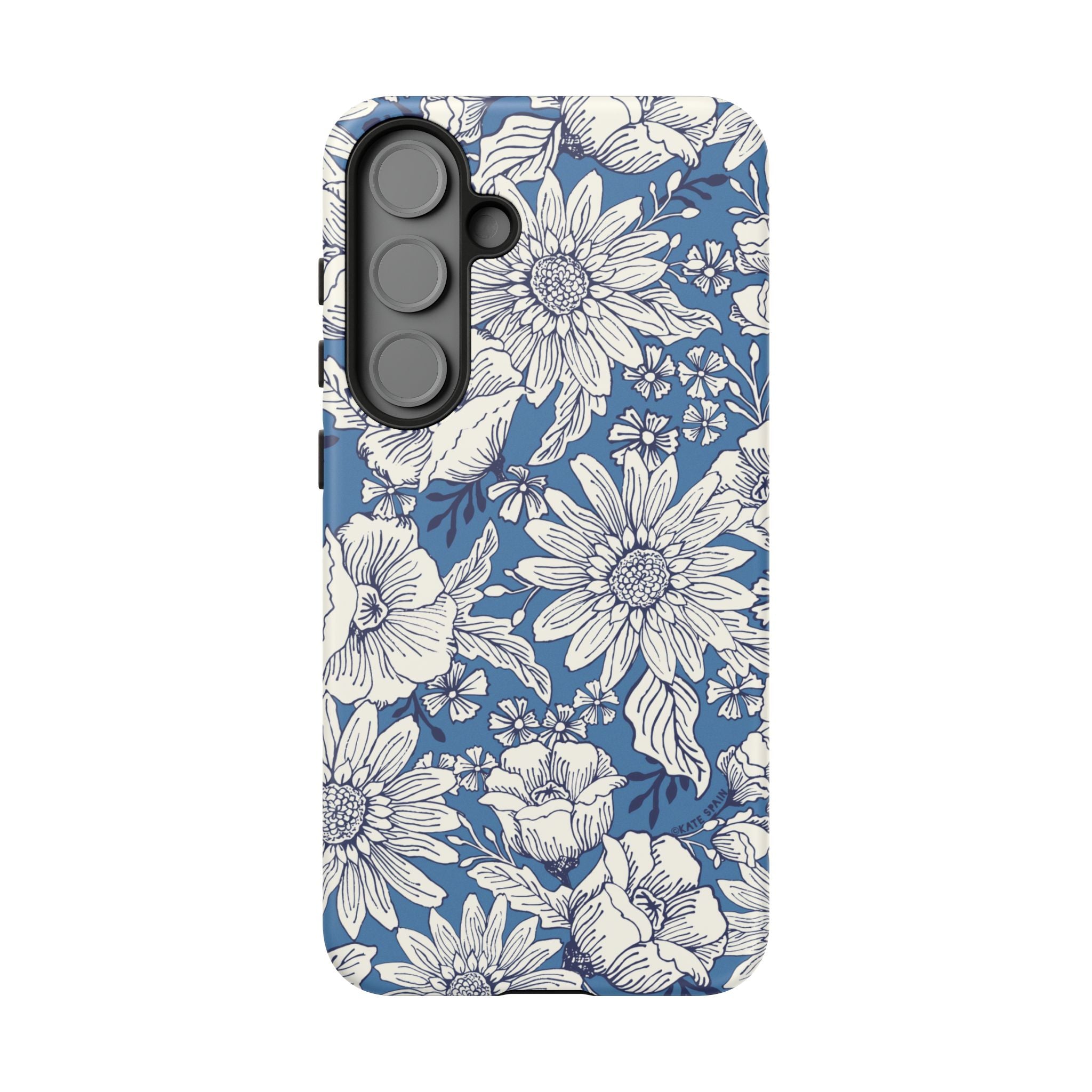 Luxury Jardin Samsung Galaxy S25 Plus Case – Matte | steel blue, white botanical daisy floral print