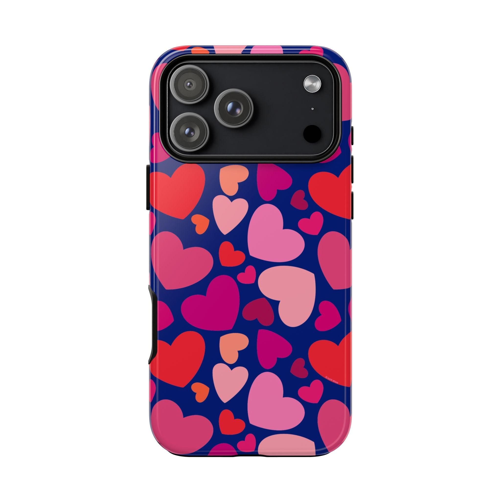 Hearts Tough iPhone 17 Pro Max Case – Glossy | navy, pink, red, coral scattered heart print