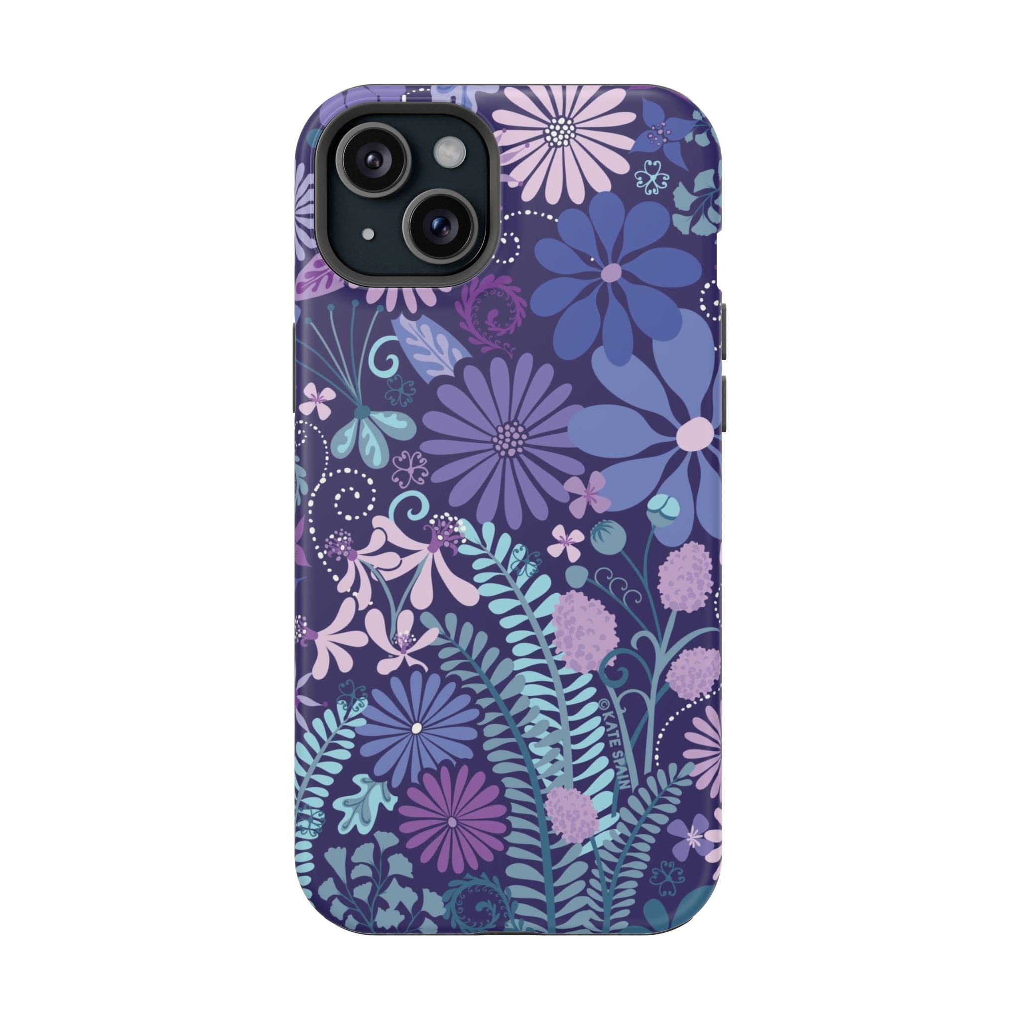 Luxury Terrain MagSafe iPhone 15 Plus Case – Matte | navy, purple, aqua botanical woodland floral print