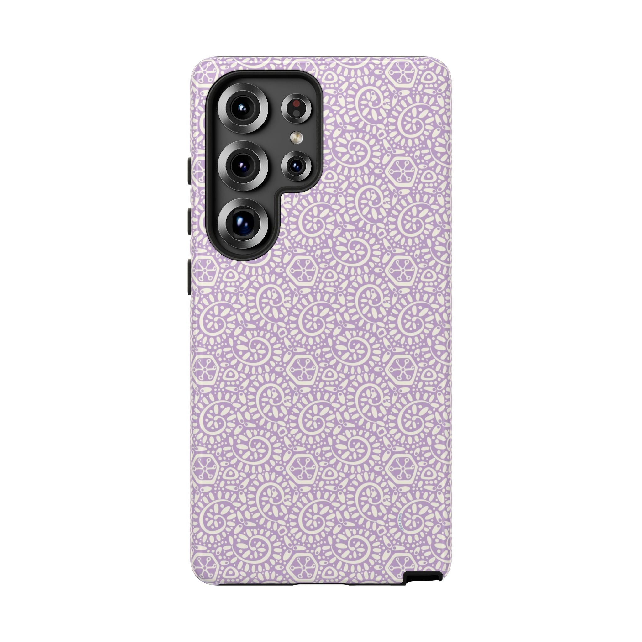 Canto Swirls Lavender Samsung Galaxy S25 Ultra Glossy Case — lavender hard case covered in an intricate folk-art medallion pattern of radiating circular motifs, dot clusters, and geometric centers