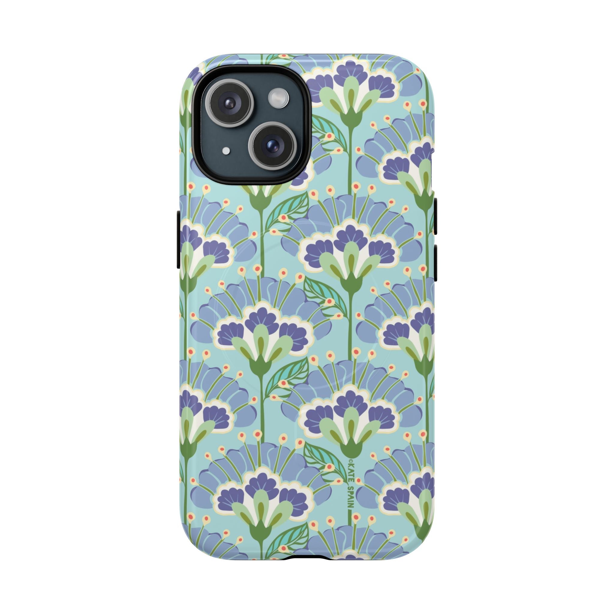Lantern Flower MagSafe iPhone 15 Case – Glossy | aqua, periwinkle, green botanical lantern floral print