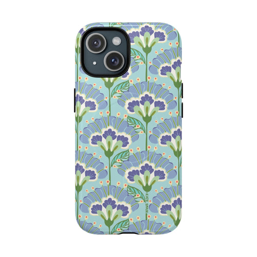 Lantern Flower MagSafe iPhone 15 Case – Glossy | aqua, periwinkle, green botanical lantern floral print