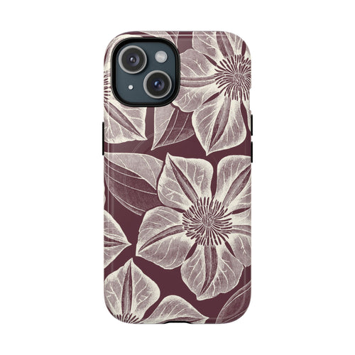 Vintage Bloom Burgundy MagSafe iPhone 17 Pro Case – Matte | burgundy ground, large-scale cream clematis print, engraved petal detail, dual-layer protection