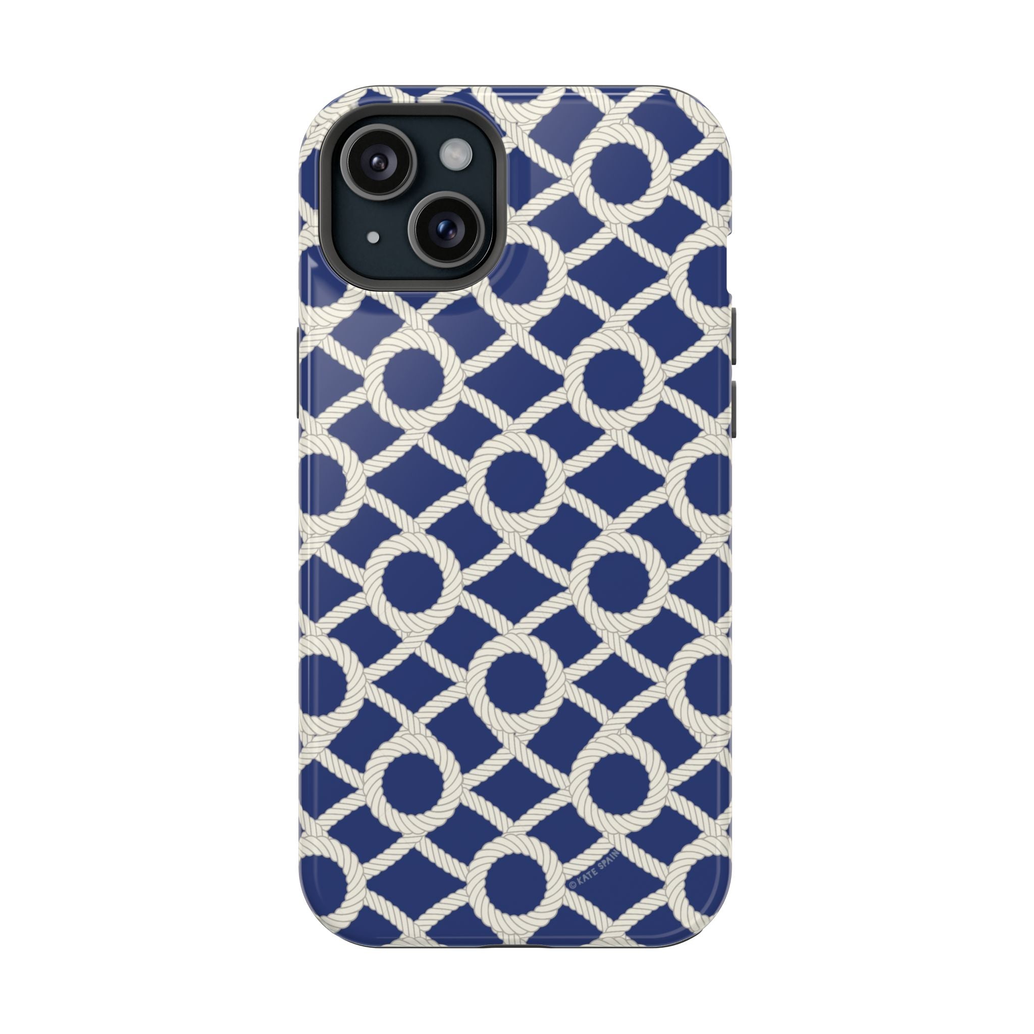 Sailor's Knot MagSafe iPhone 15 Plus Case – Matte | navy, cream nautical rope knot lattice print