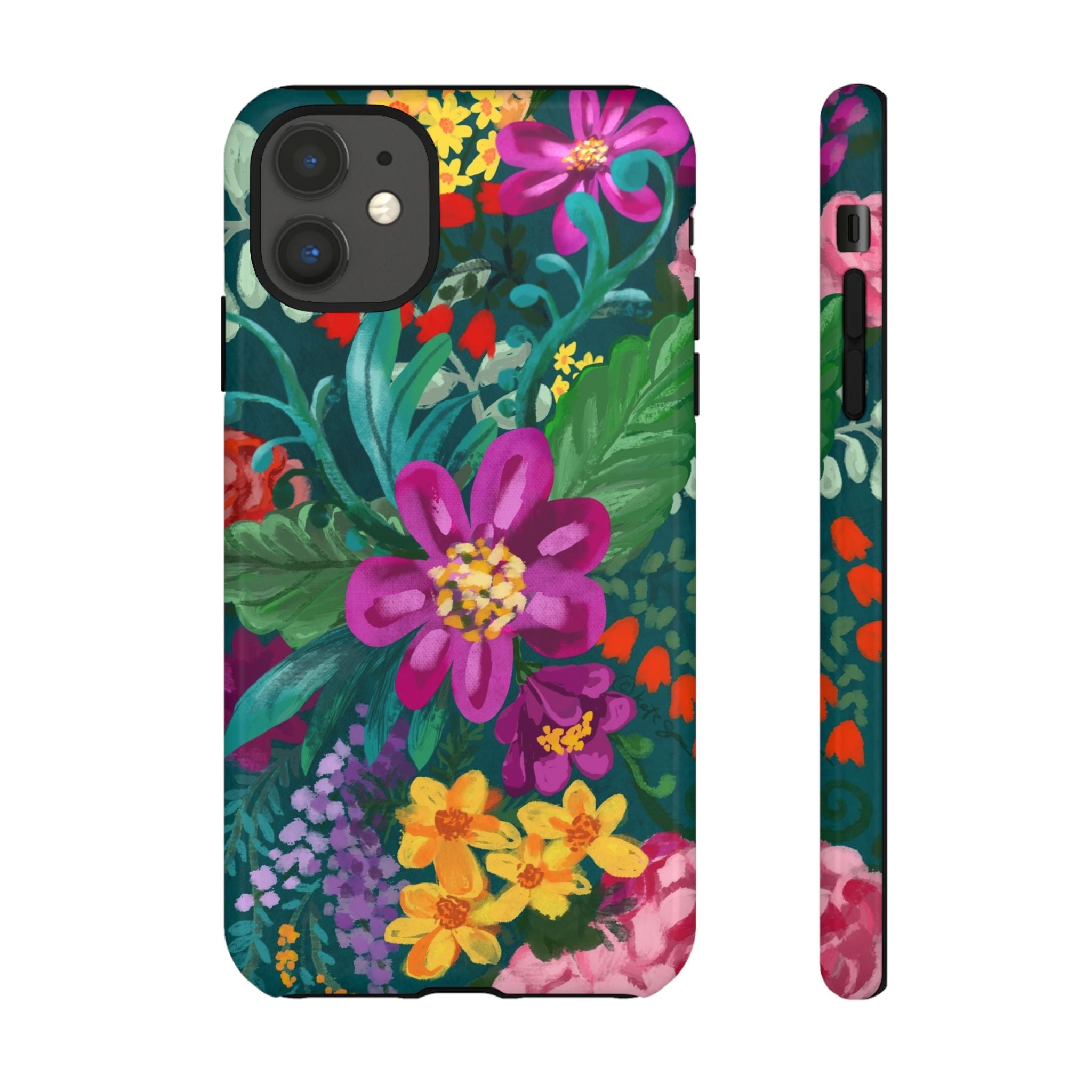 Posy Tough iPhone 11 Case – Glossy | teal, purple, magenta, yellow botanical wildflower print