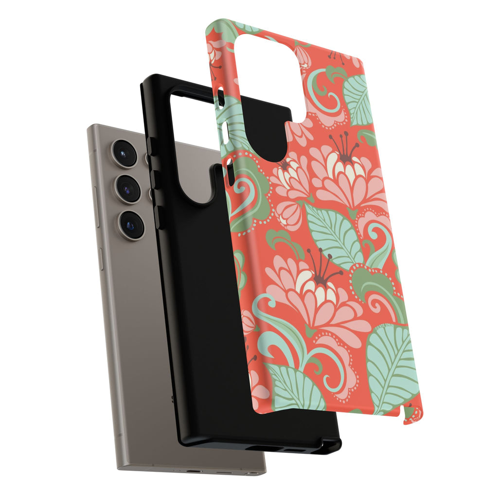 Designer Sarabande Samsung Galaxy S24 Ultra Case – Glossy | close-up of layers of construction of the case in coral, blush, mint tropical floral print