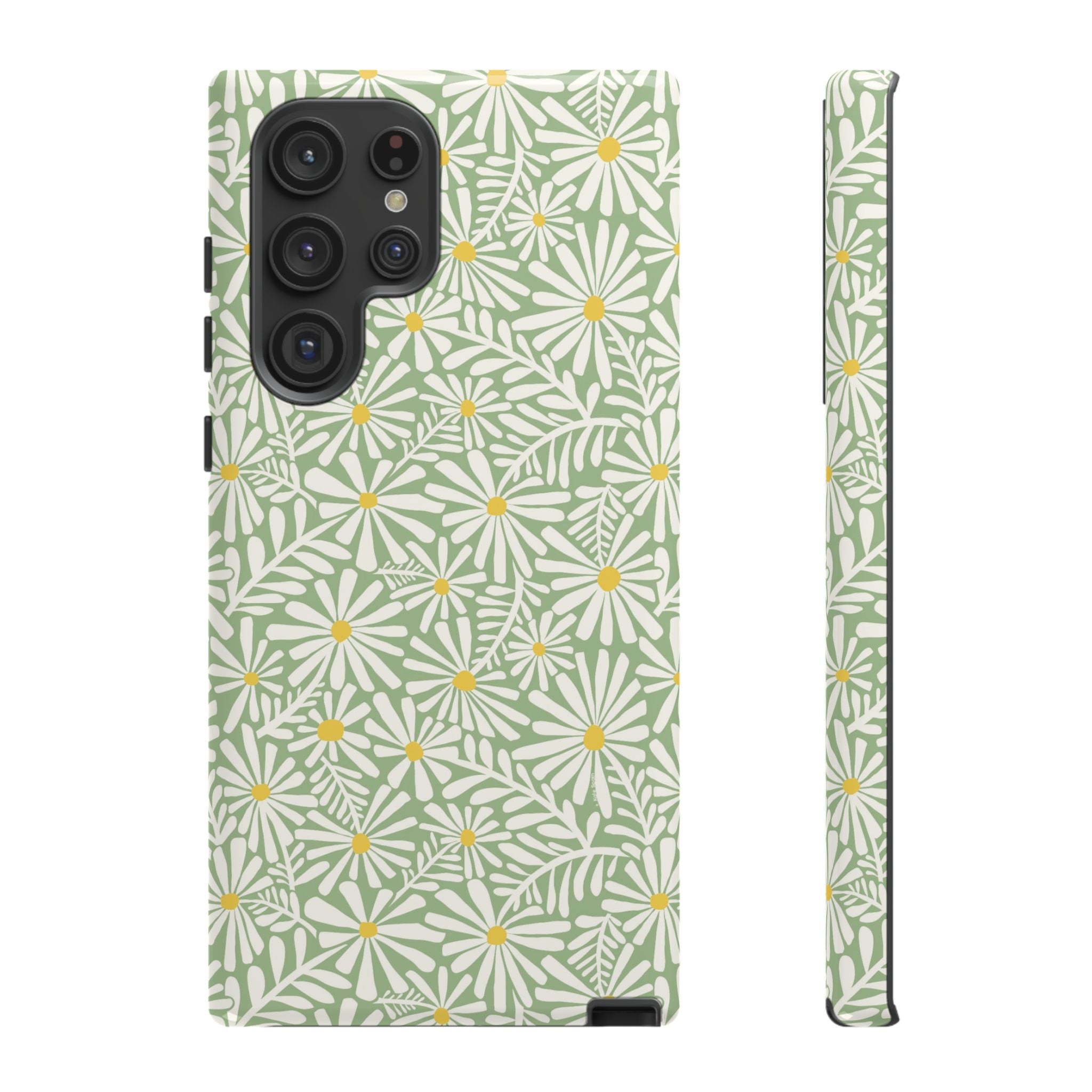 Montauk Daisy Meadow Green Samsung Galaxy S22 Ultra Glossy case — white daisy and fern print on sage green by Kate Spain
