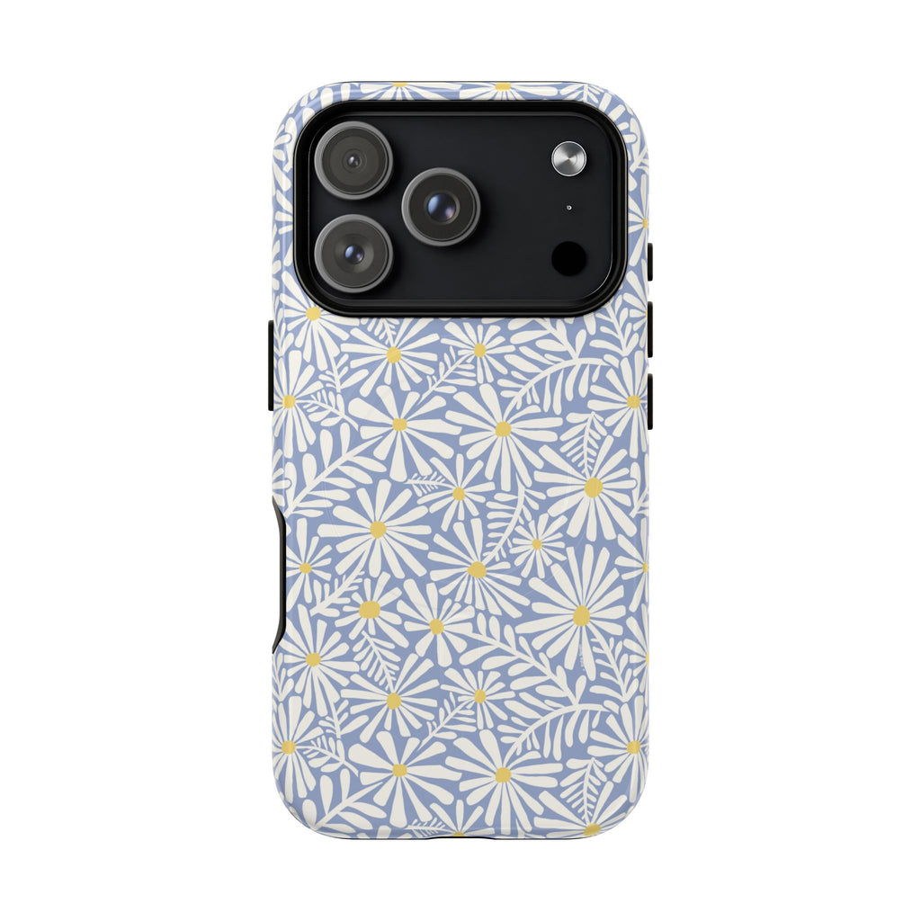 Montauk Daisy Cottage Blue MagSafe iPhone 17 Pro Case – Glossy | periwinkle blue, white graphic daisy and fern print, golden yellow centers MagSafe compatible, dual-layer protection