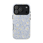 Montauk Daisy Cottage Blue MagSafe iPhone 17 Pro Case – Glossy | periwinkle blue, white graphic daisy and fern print, golden yellow centers MagSafe compatible, dual-layer protection