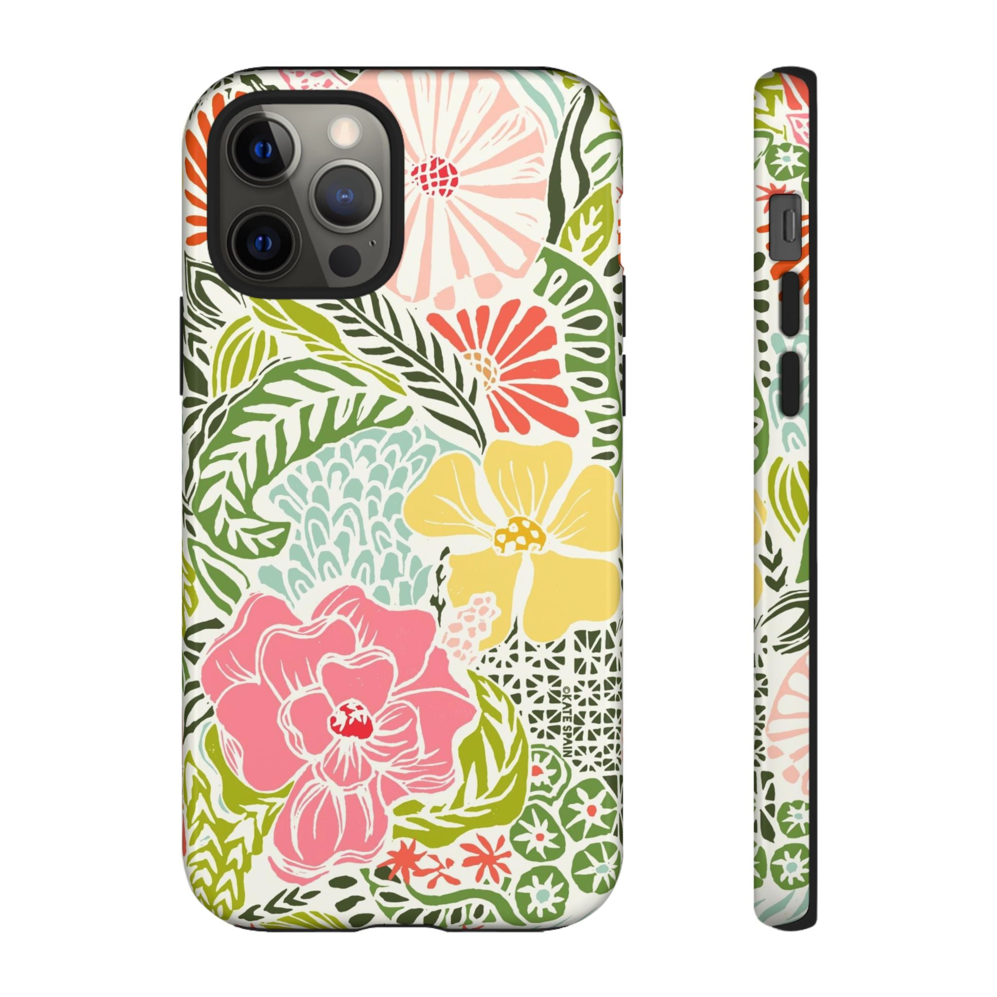 Tropica Tough iPhone 12 Pro Case – Glossy | cream, pink, yellow, blue botanical floral print