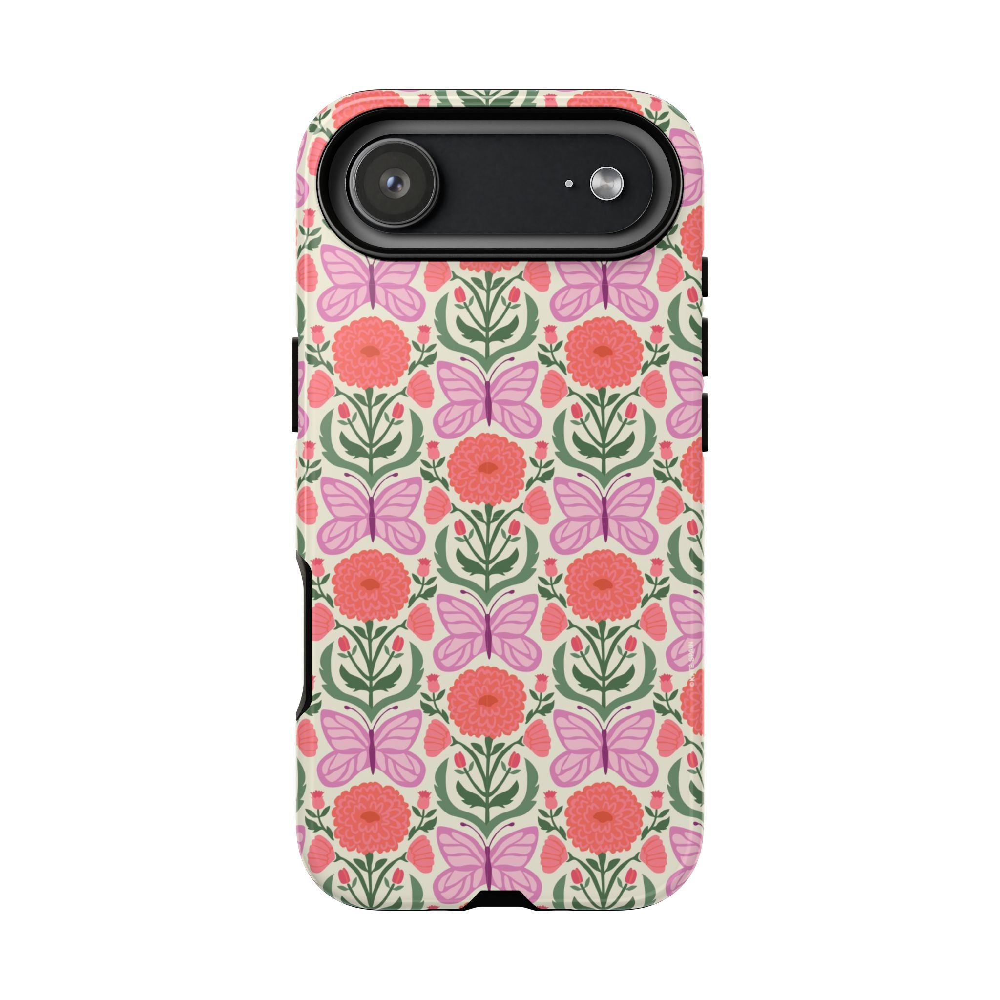 Pink Butterfly Tough iPhone 17 Air Case – Glossy | pink, coral, green, cream butterfly floral print