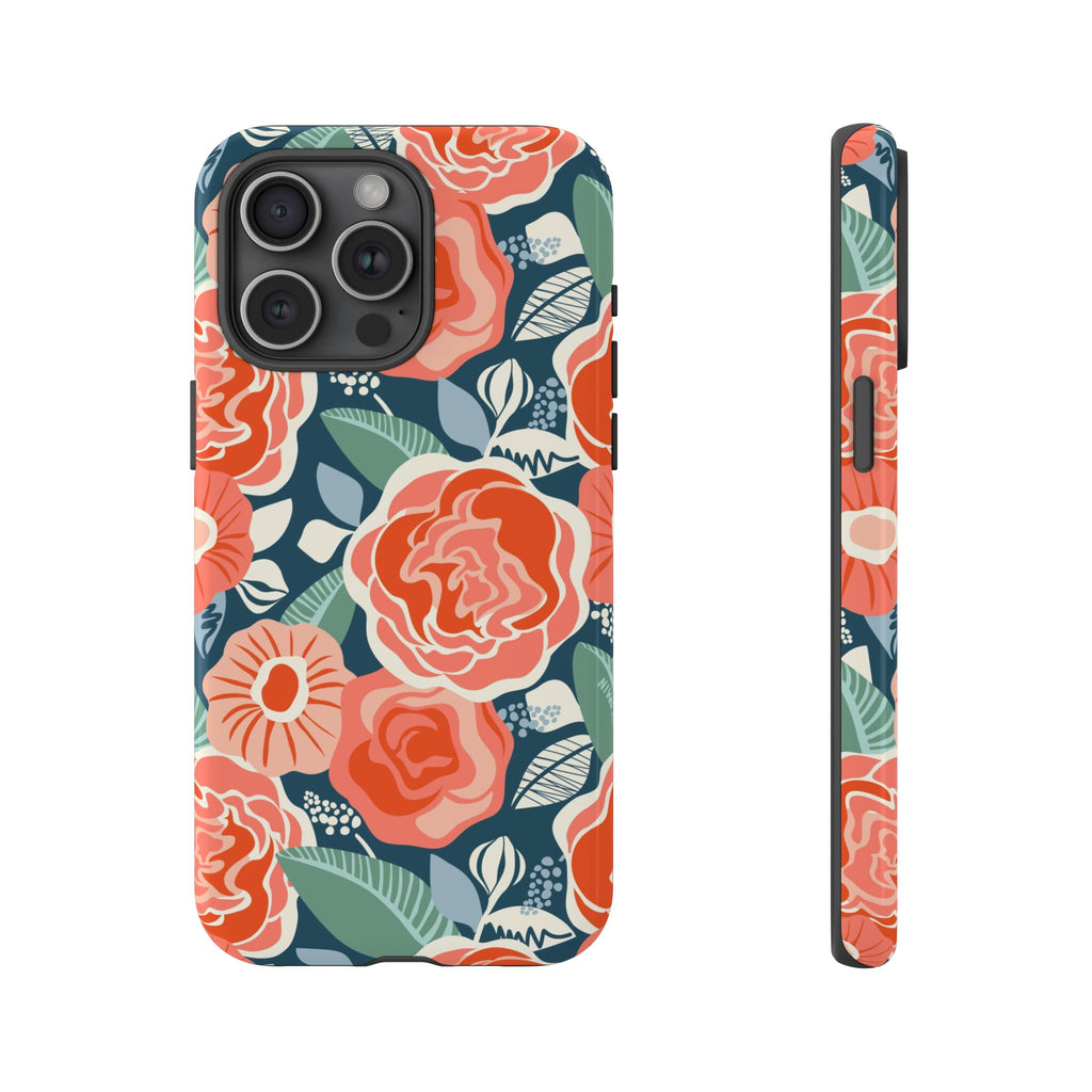 Tea Rose Navy Tough iPhone 15 Pro Max Case – Matte | navy, coral, pink, cream rose floral print