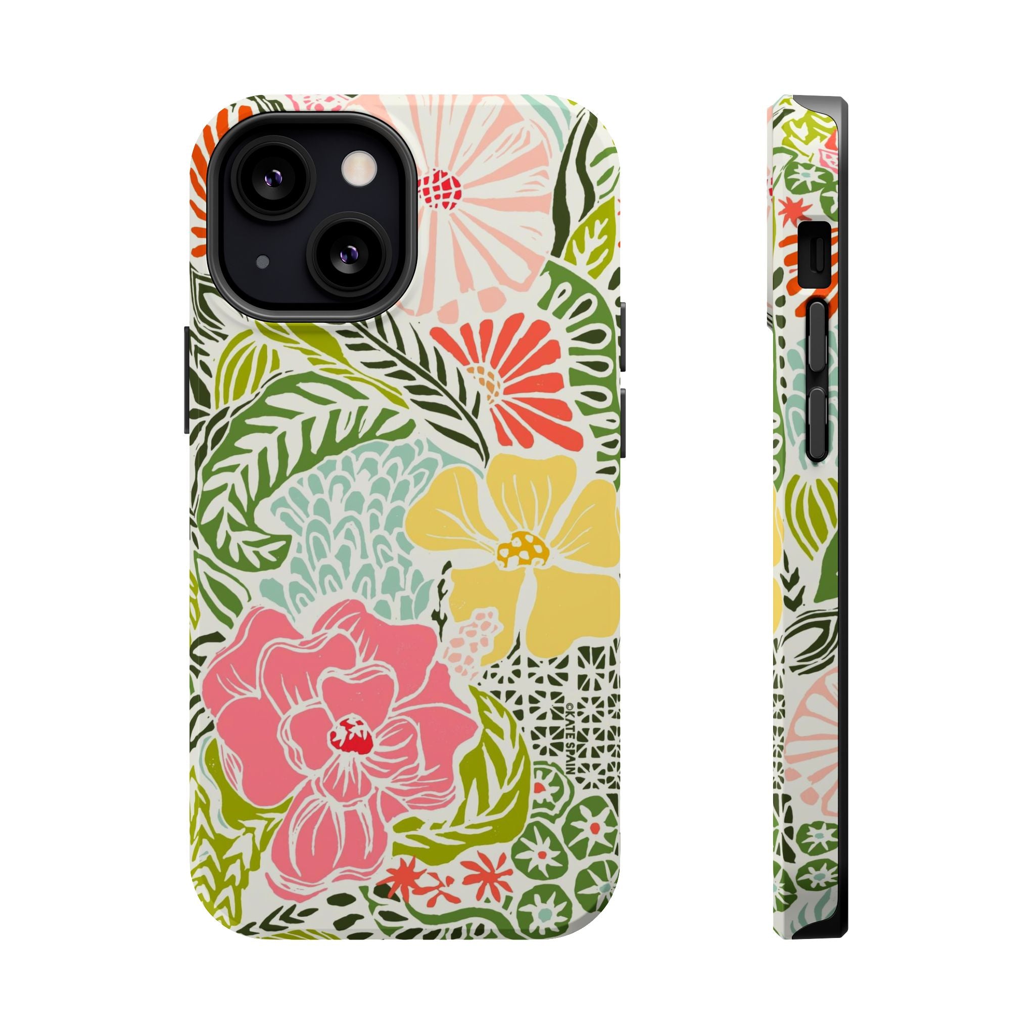 Tropica MagSafe iPhone 13 Mini Case – Glossy | cream, pink, yellow, blue botanical floral print MagSafe compatible, dual-layer protection