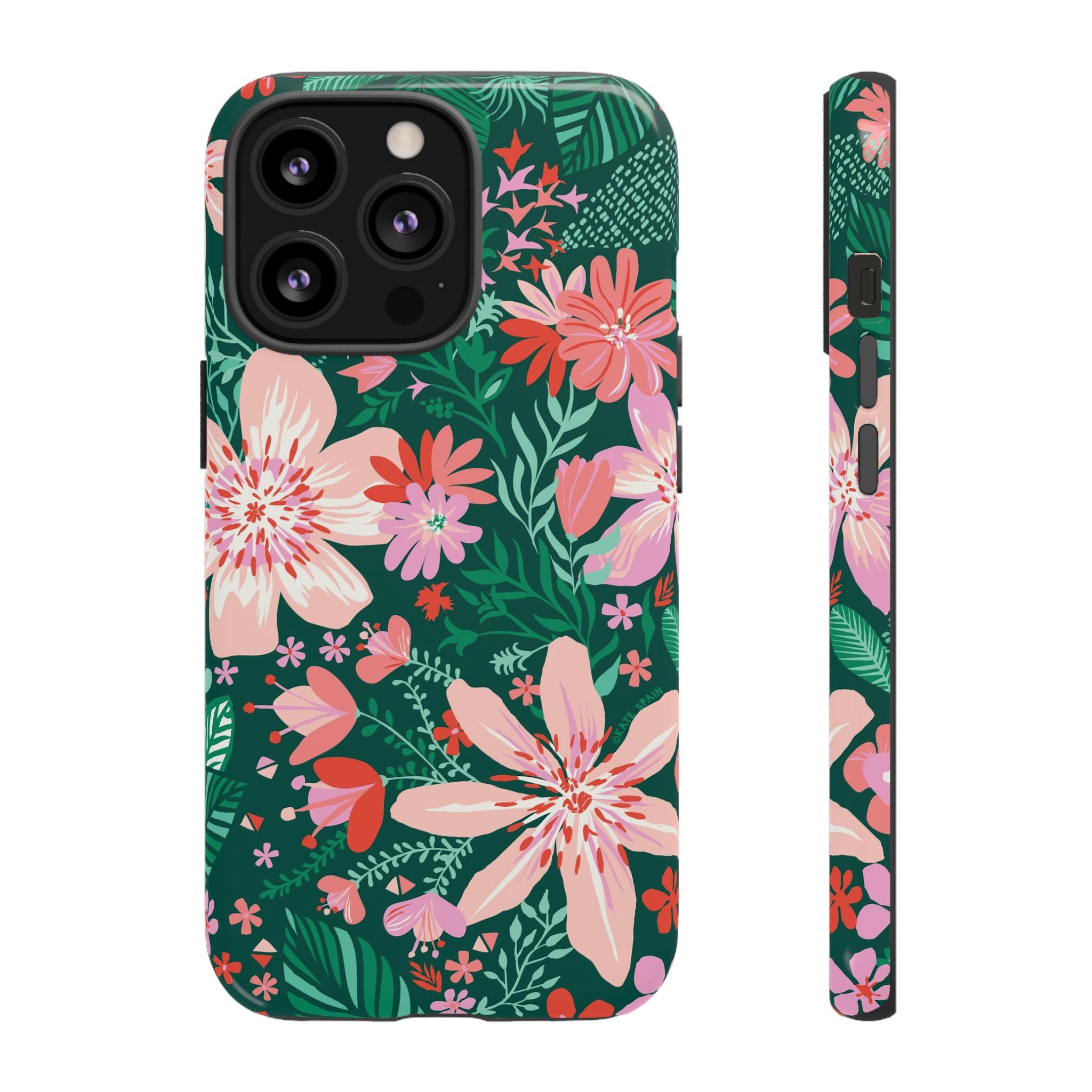Bonaire Tough iPhone 13 Pro Case – Glossy | jade, pink, white tropical floral botanical print