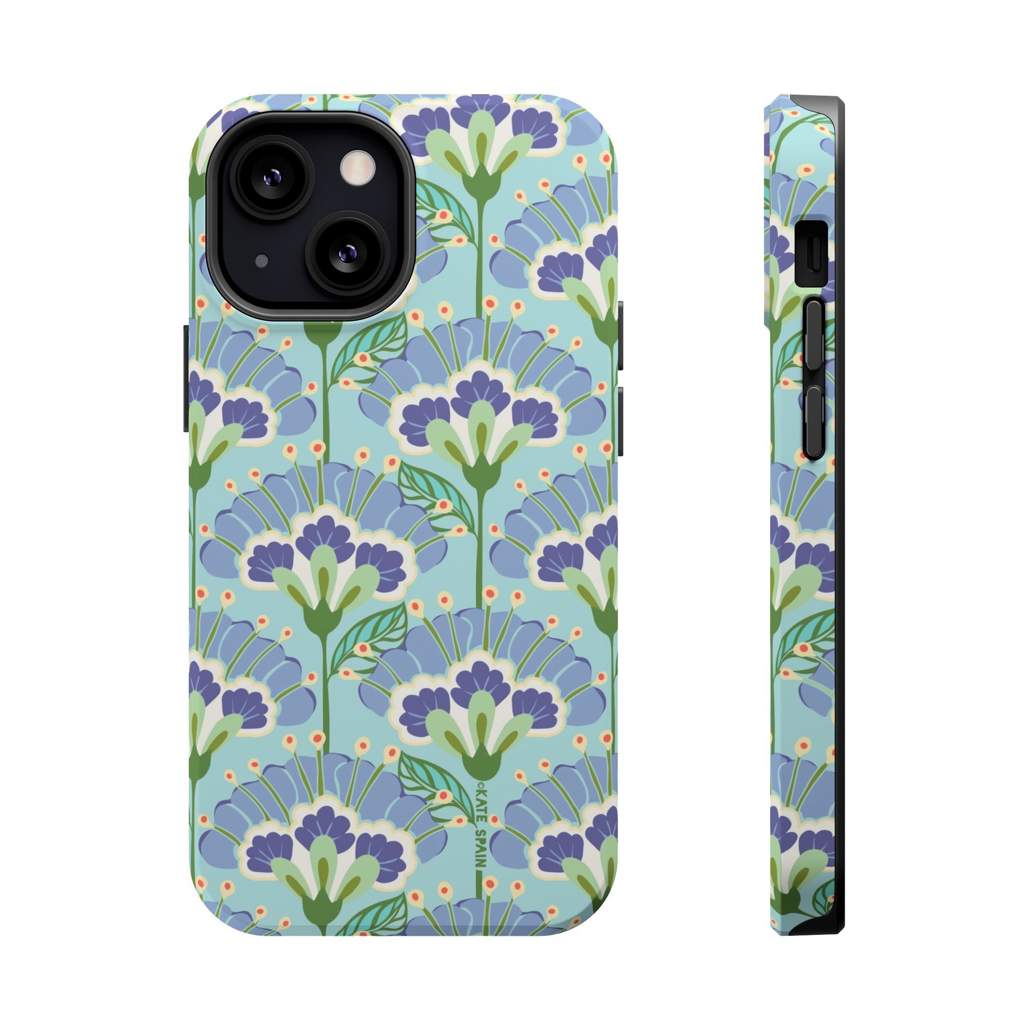Lantern Flower MagSafe iPhone 13 Pro Case – Glossy | aqua, periwinkle, green botanical lantern floral print MagSafe compatible, dual-layer protection