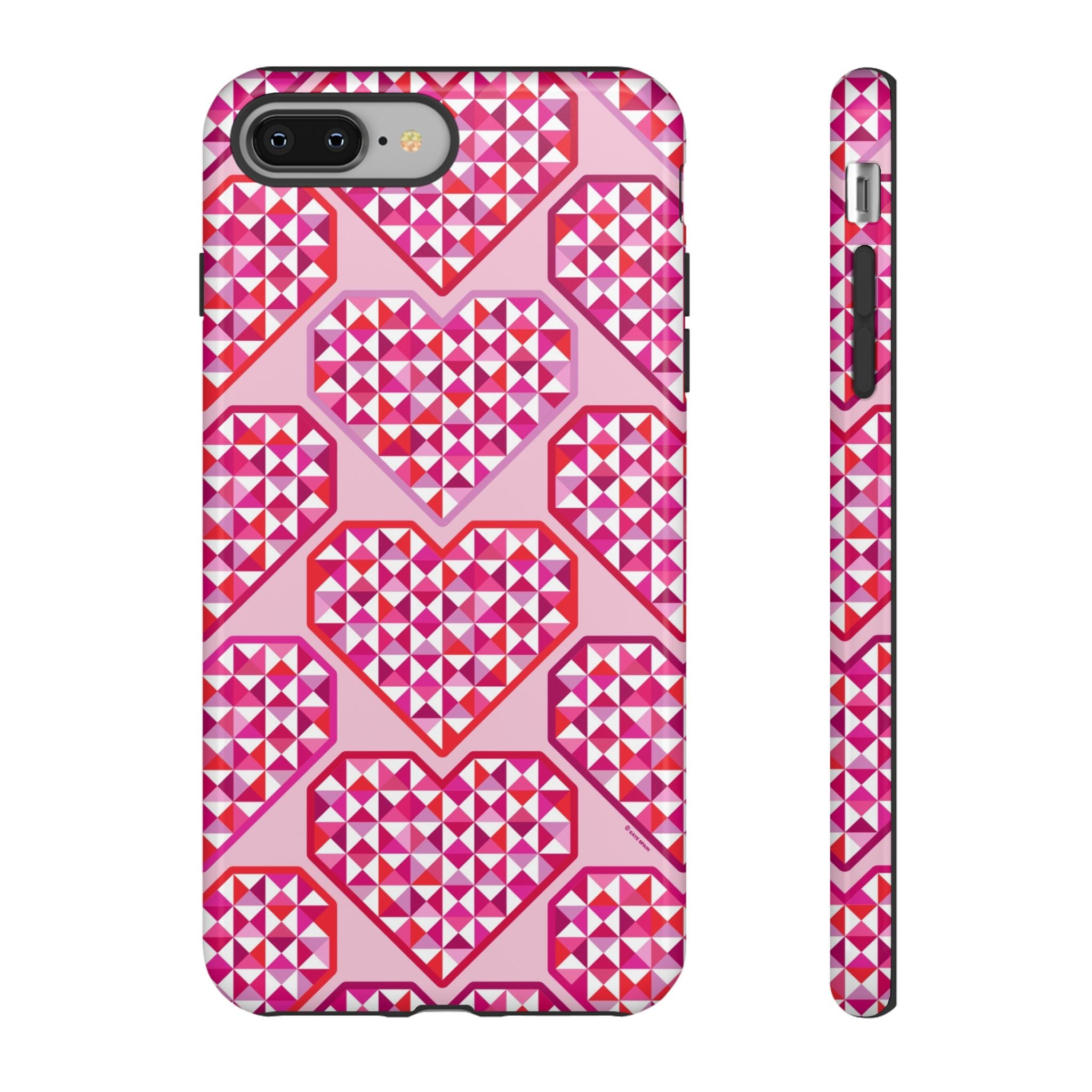 Pink Pyramid Heart Tough iPhone 8 Plus Case – Glossy | blush, pink, magenta, red geometric pyramid heart print