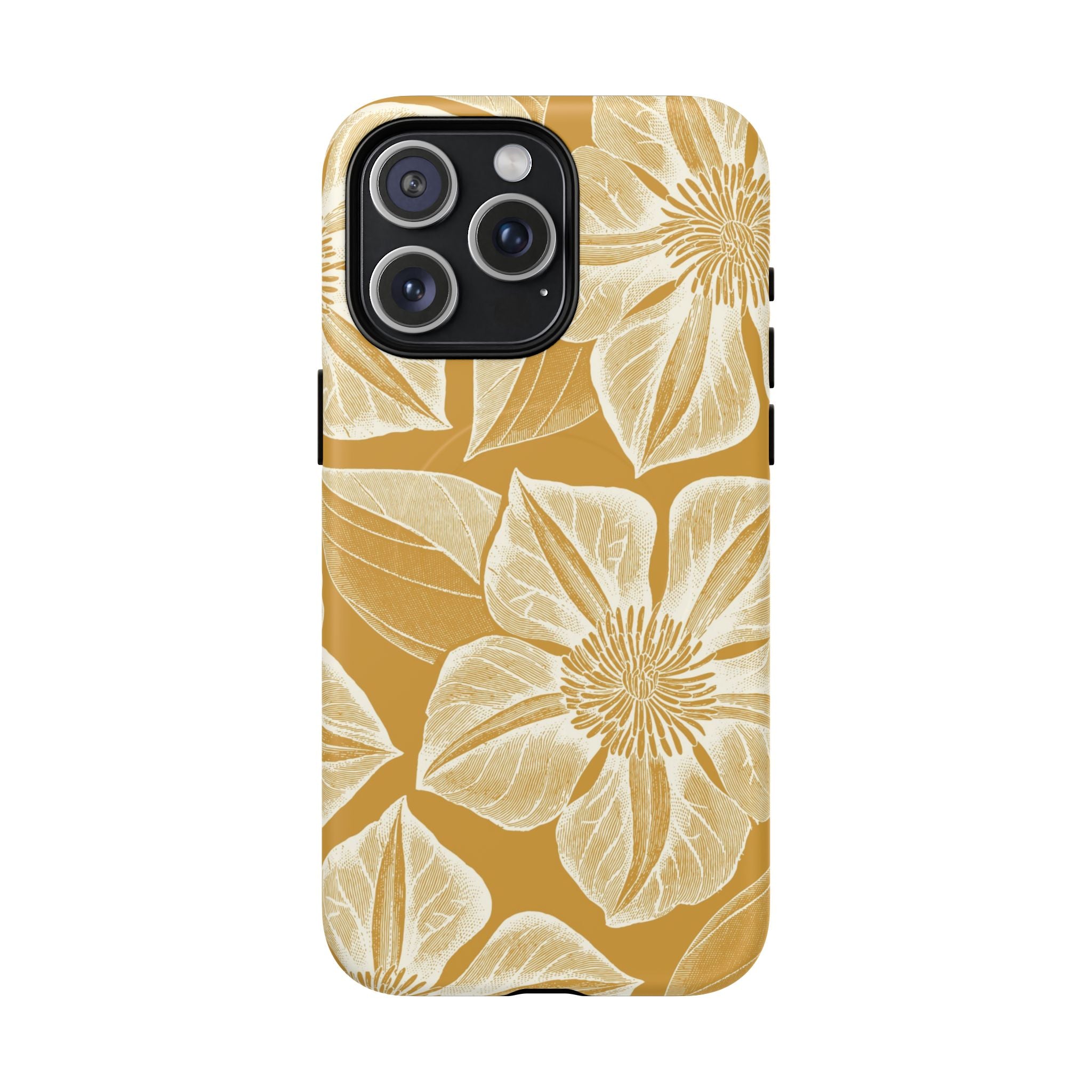 Vintage Bloom Gold MagSafe iPhone 15 Pro Max Case – Matte | warm gold ground, large-scale cream clematis print, engraved petal detail, dual-layer protection