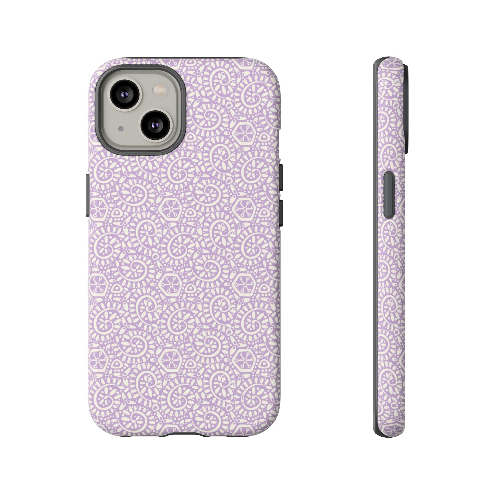 Canto Swirls Lavender iPhone 14 Matte Case — lavender hard case covered in an intricate folk-art medallion pattern of radiating circular motifs, dot clusters, and geometric centers