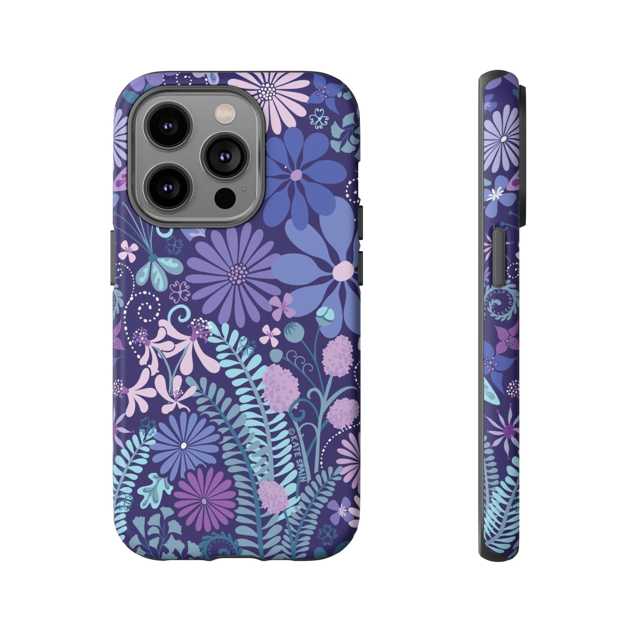 Luxury Terrain Tough iPhone 14 Pro Case – Matte | navy, purple, aqua botanical woodland floral print