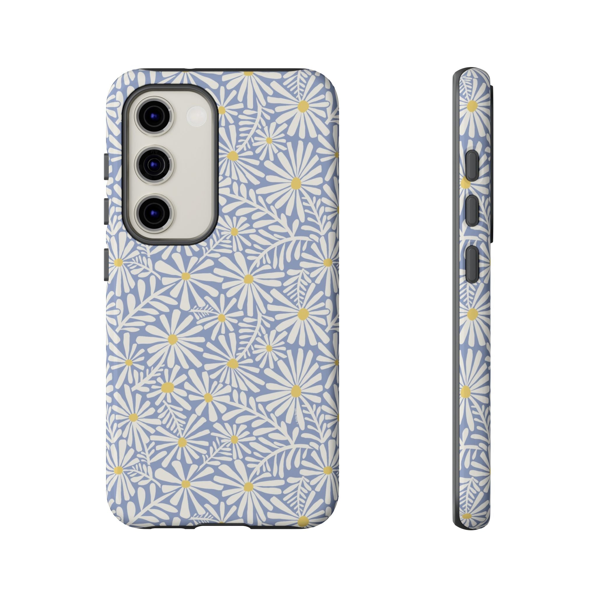 Montauk Daisy Cottage Blue Samsung Galaxy S23 Glossy case — white daisy and fern print on periwinkle blue by Kate Spain
