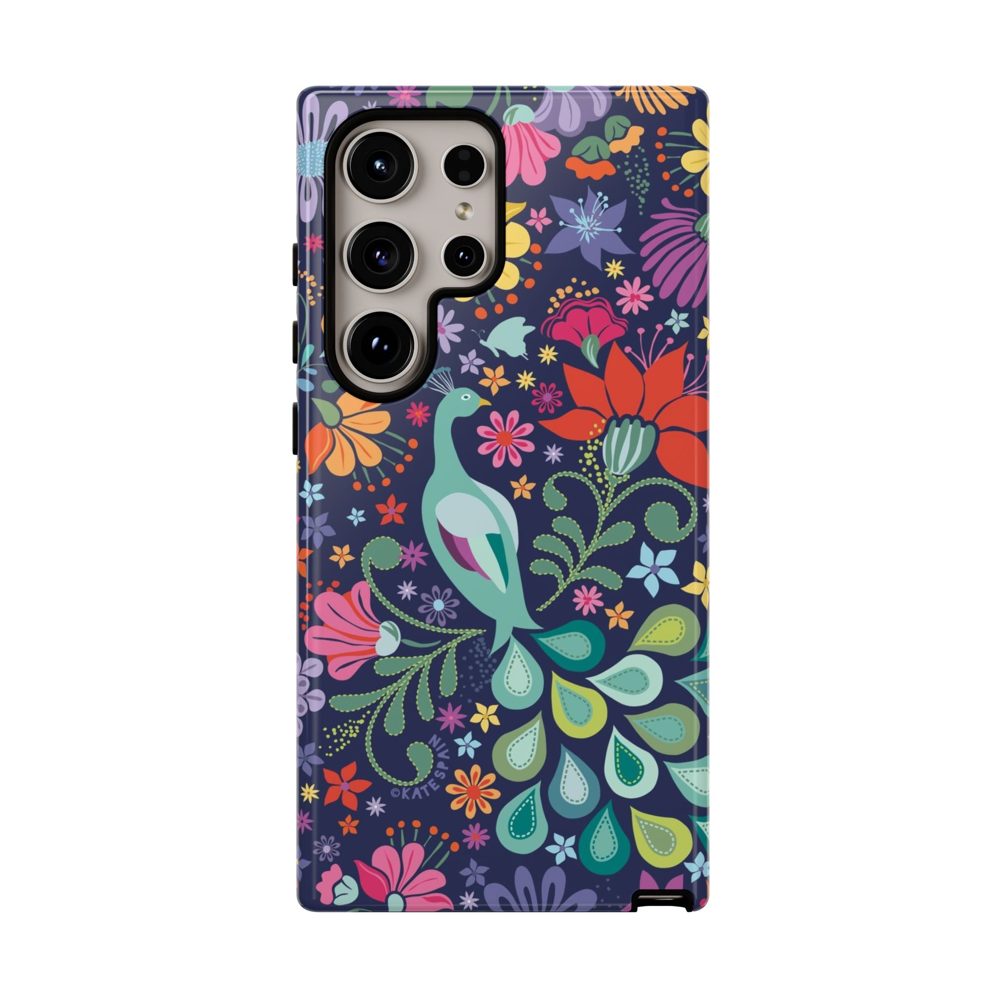 Luxury Peacock Sanctuary Samsung Galaxy S24 Ultra Case – Glossy | navy, teal, coral multicolor vibrant peacock feather botanical print