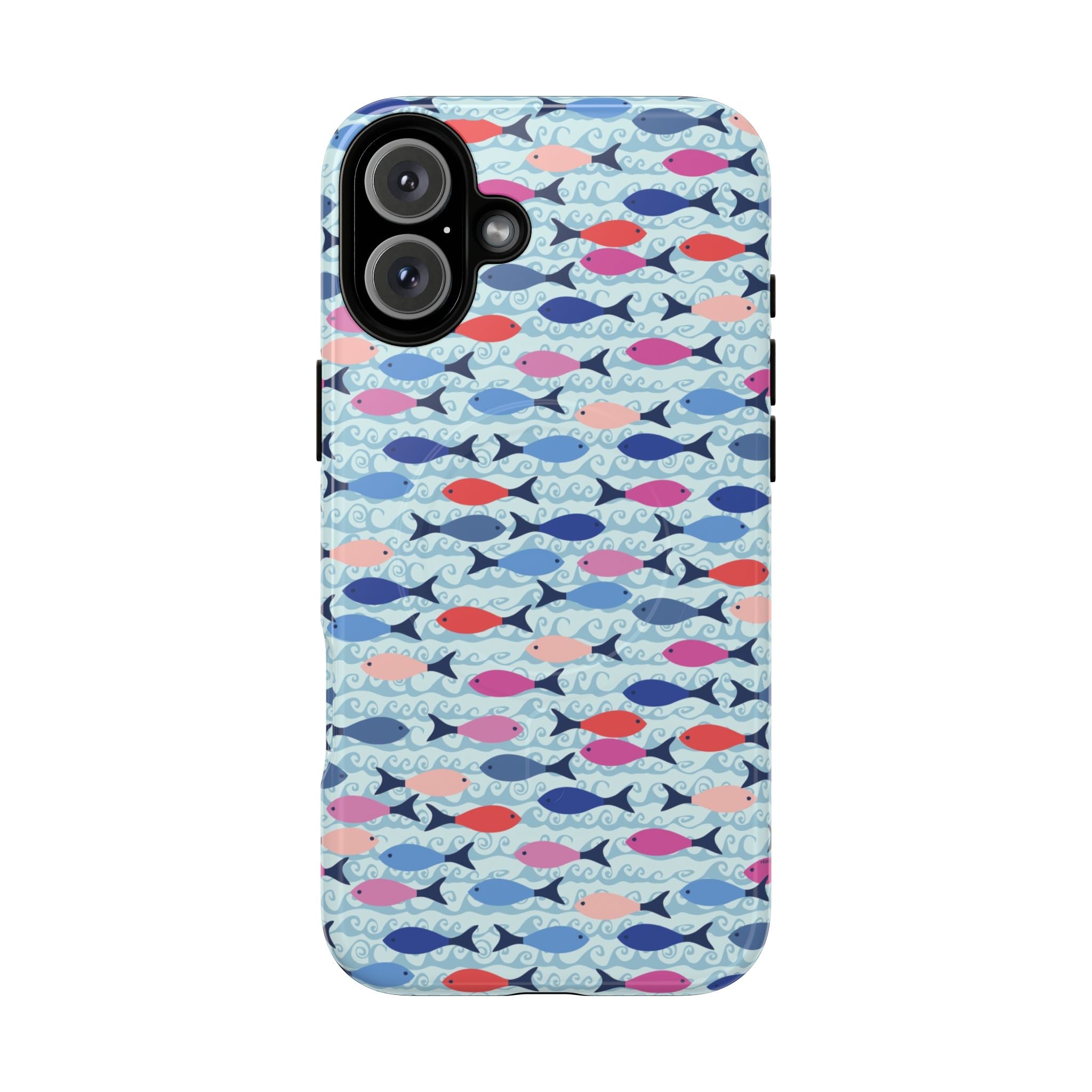 Summer Minnows MagSafe iPhone 16 Plus Case – Glossy | navy, coral, pink, and periwinkle fish on a pale aqua ground