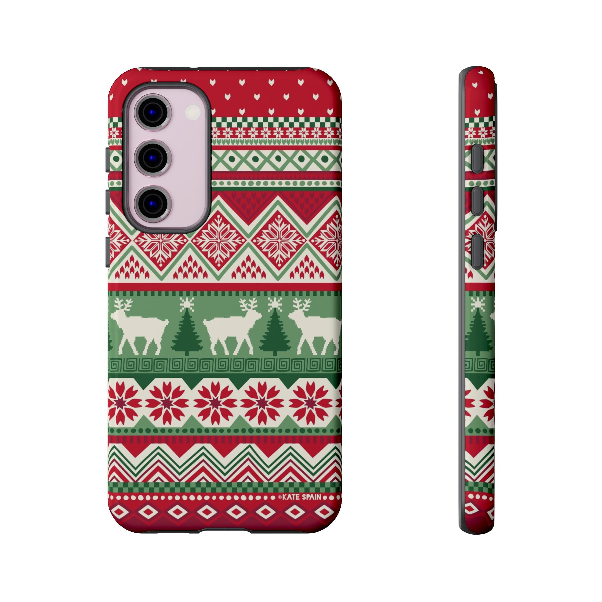 Luxury Telemark Samsung Galaxy S23 Plus Case – Glossy | red, green, cream Nordic fair isle reindeer print