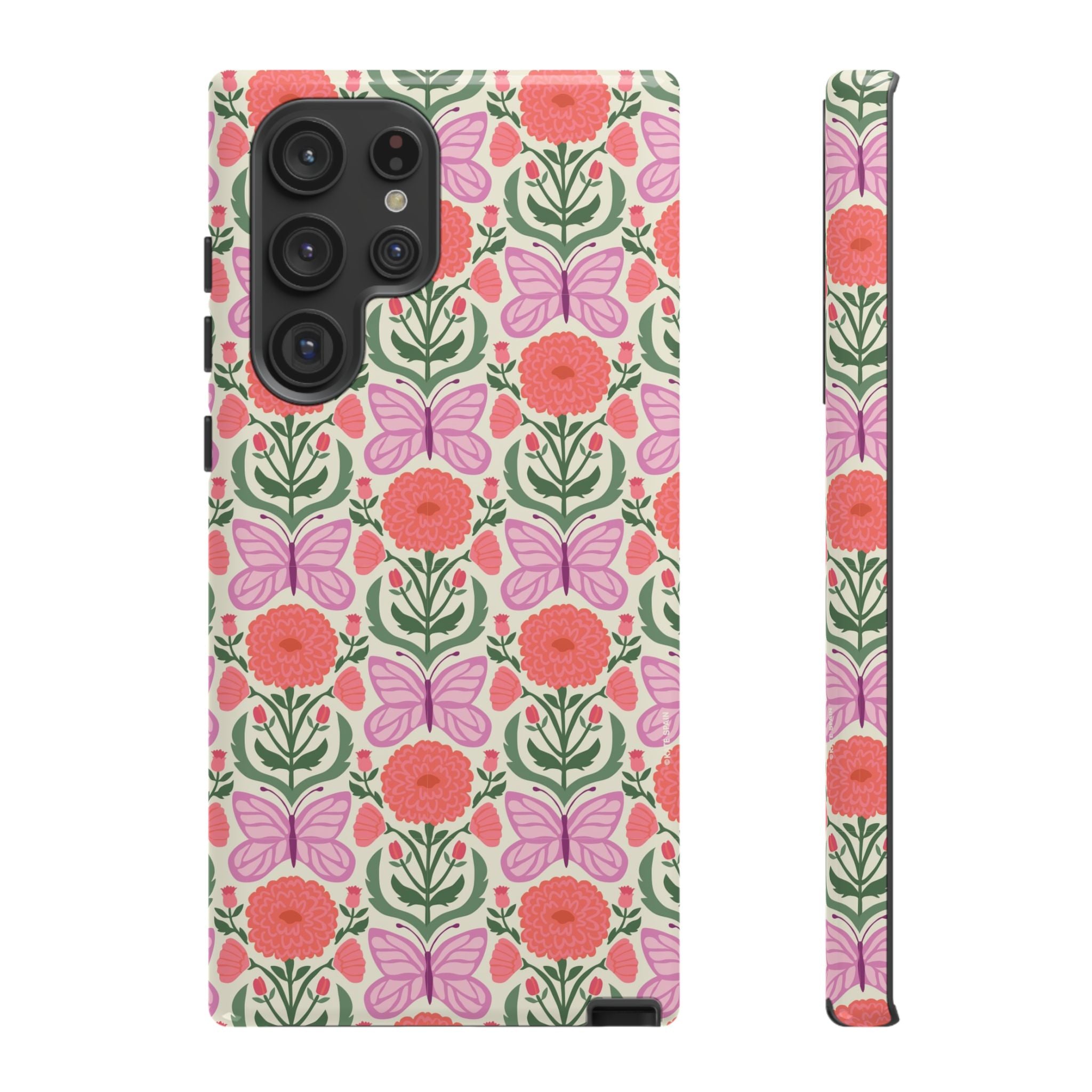 Luxury Pink Butterfly Samsung Galaxy S22 Ultra Case – Glossy | cream, coral, lavender butterfly floral print
