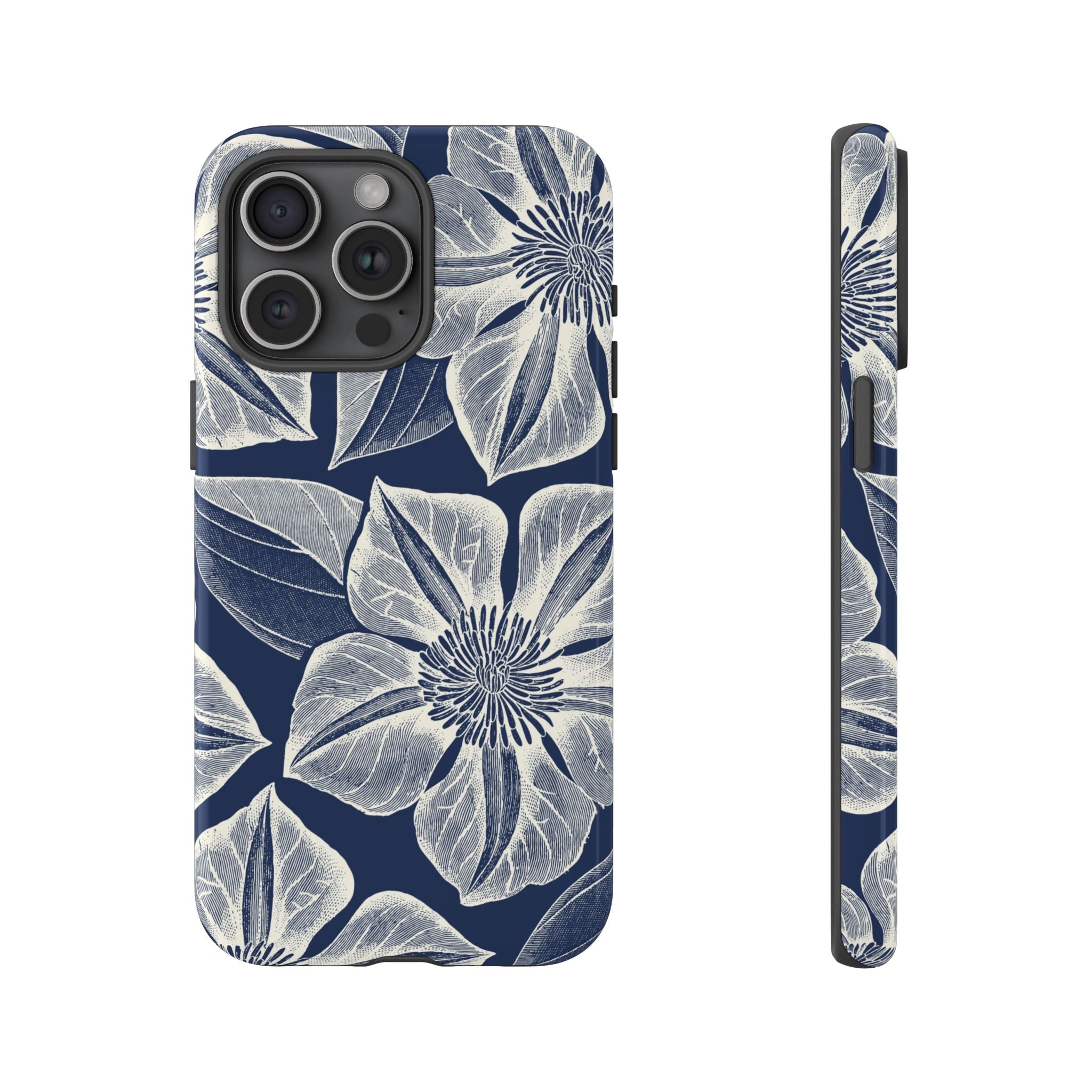 Vintage Bloom Navy iPhone 15 Pro Max case – Glossy | navy ground, large-scale cream clematis print, engraved petal detail, dual-layer protection
