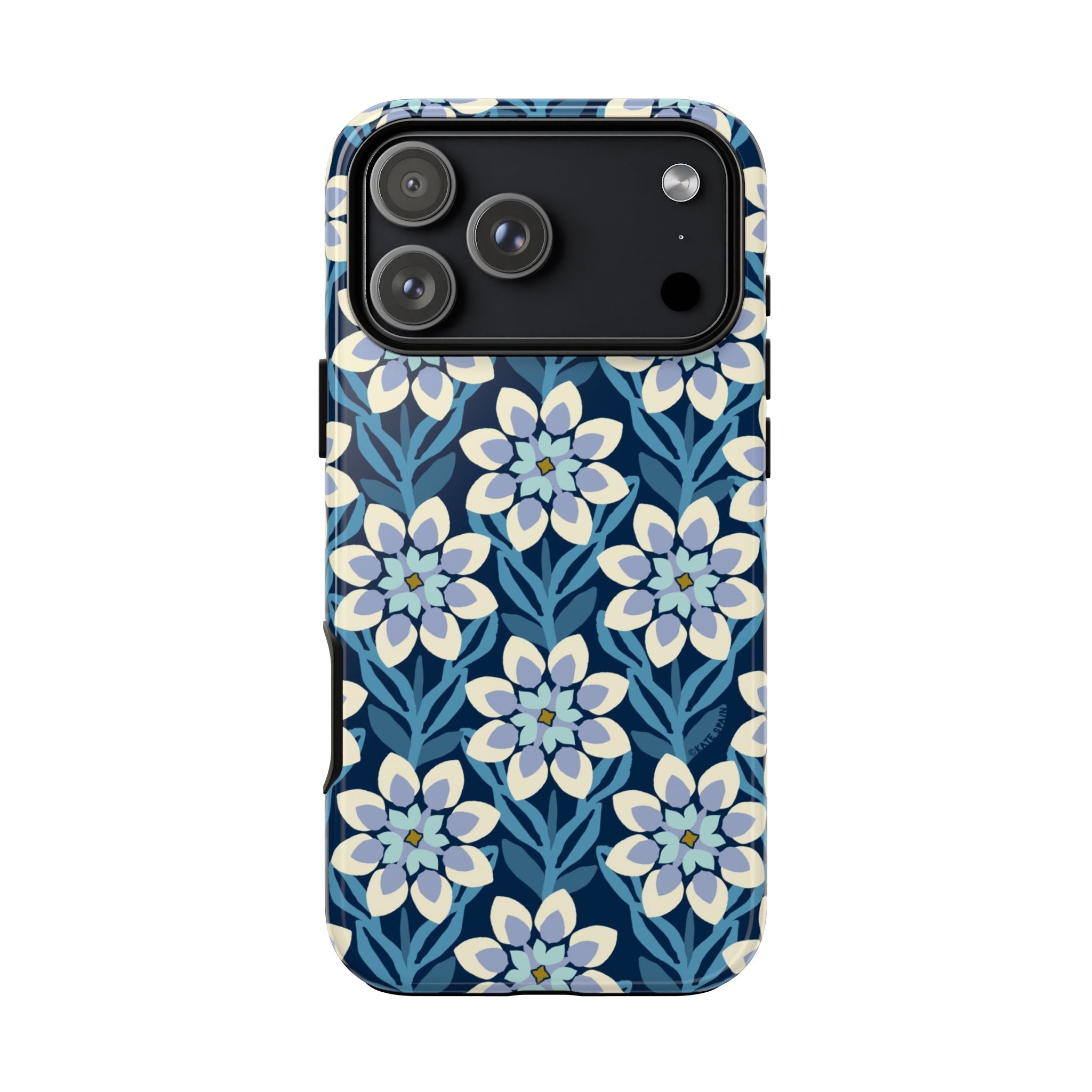 Designer Modern Dahlia Tough iPhone 17 Pro Max Case – Glossy | navy, cobalt, white dahlia floral print