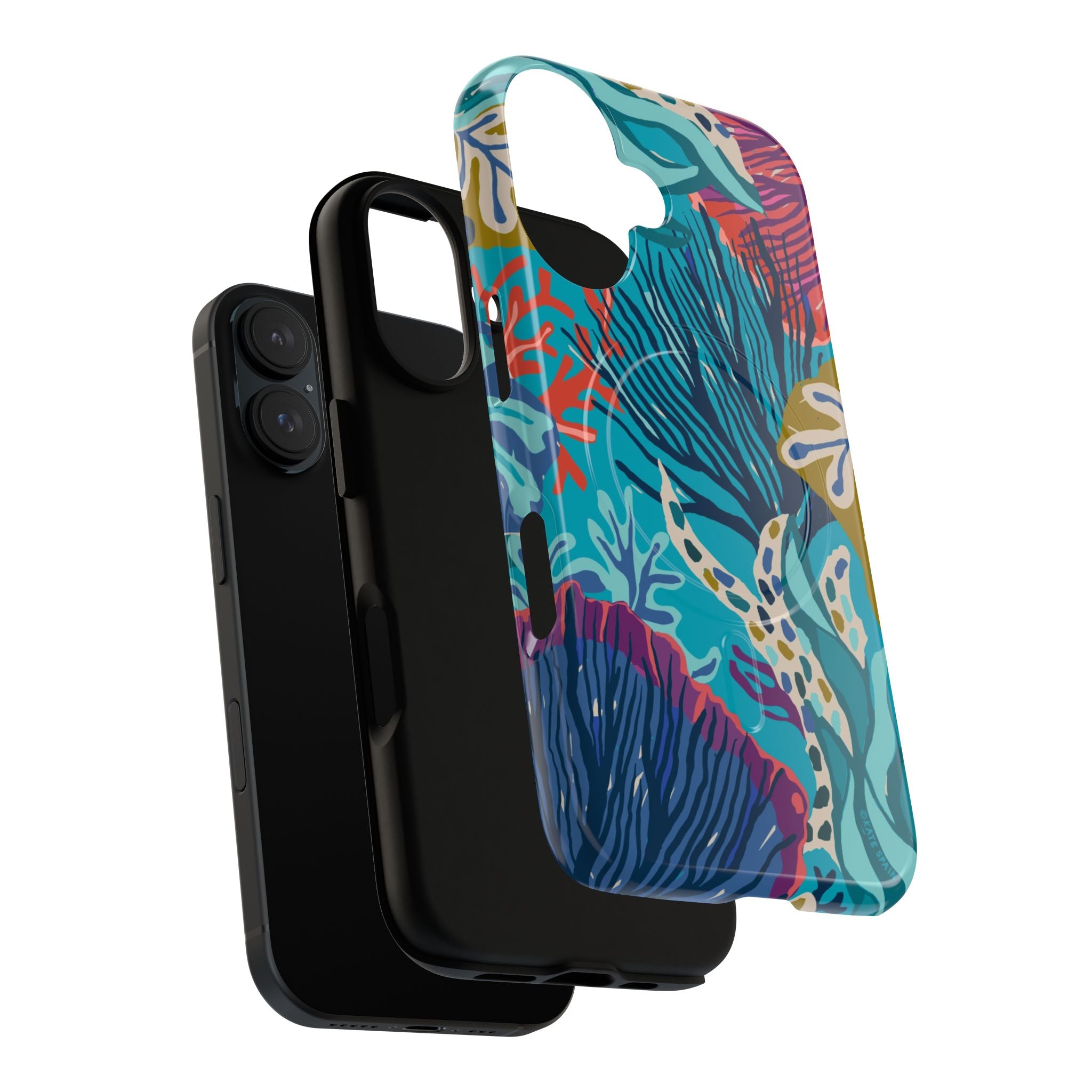 Reef MagSafe iPhone 17 Case – Dual-layered view of case and inner lining in front of phone, with view of camera cutout and buttons | teal, coral, navy, purple botanical coral reef print