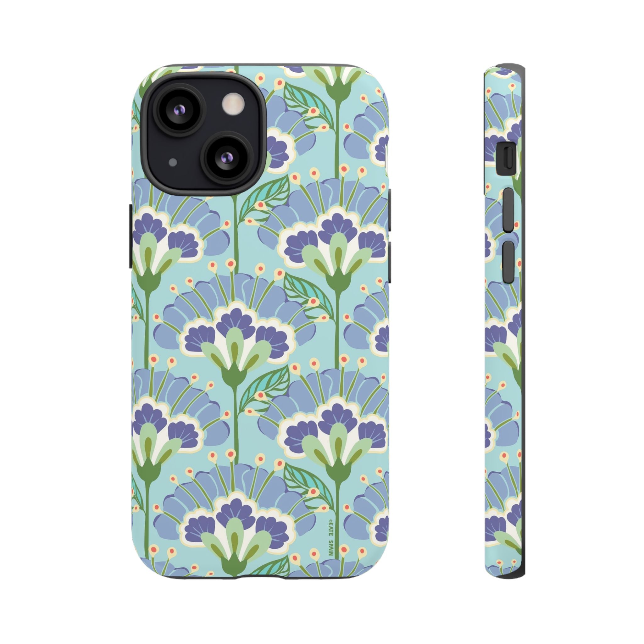 Lantern Flower Tough iPhone 13 Mini Case – Matte | aqua, periwinkle, green botanical lantern floral print