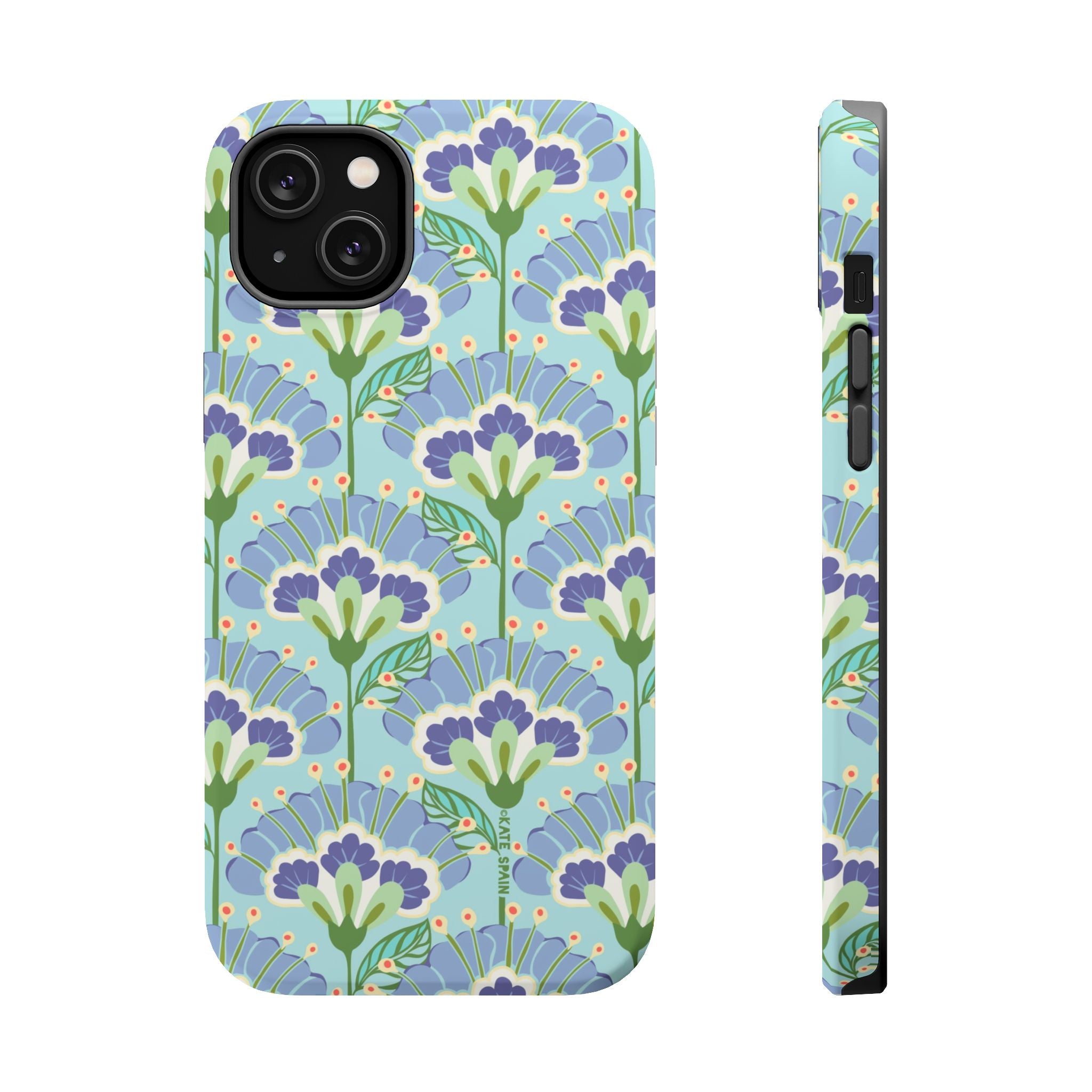 Lantern Flower MagSafe iPhone 14 Pro Max Case – Glossy | aqua, periwinkle, green botanical lantern floral print MagSafe compatible, dual-layer protection