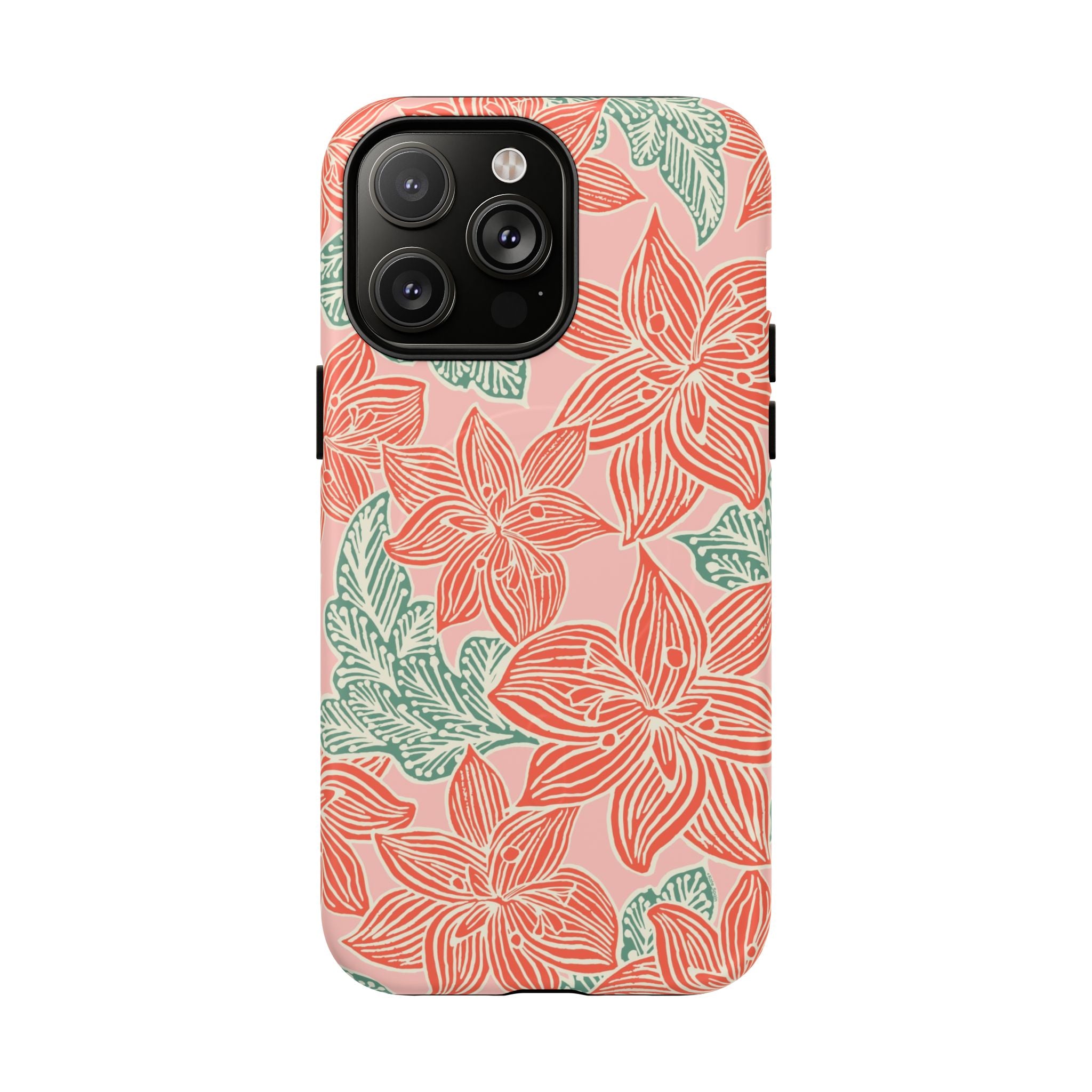 Hibiscus Coral MagSafe iPhone 14 Pro Max Matte Case — blush pink hard case with large-scale coral red hibiscus flowers and teal-green leaves in a bold botanical linework print, densely layered across the surface