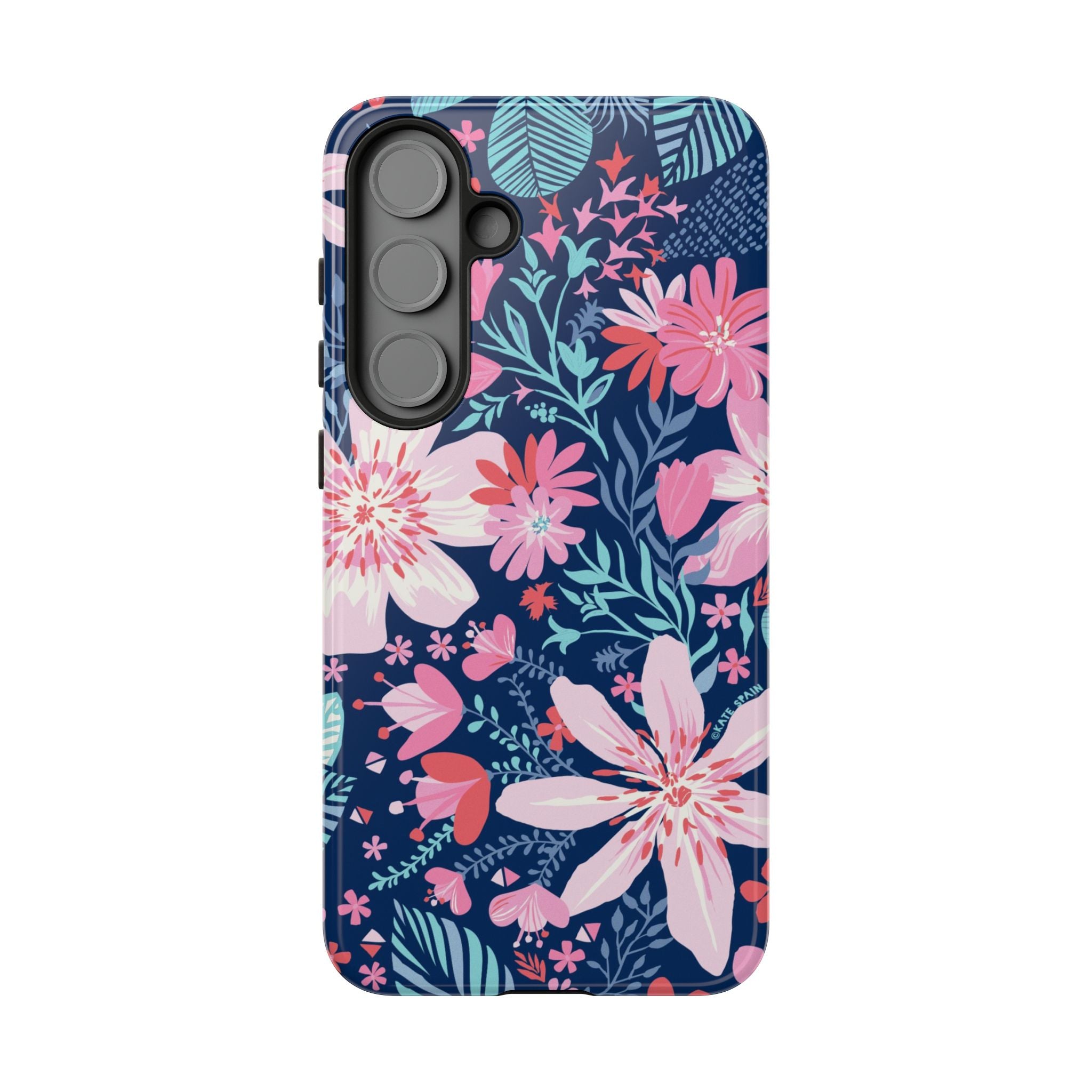 Tropical Bonaire Samsung Galaxy S25 Plus Case – Glossy | navy, pink, white tropical floral botanical print