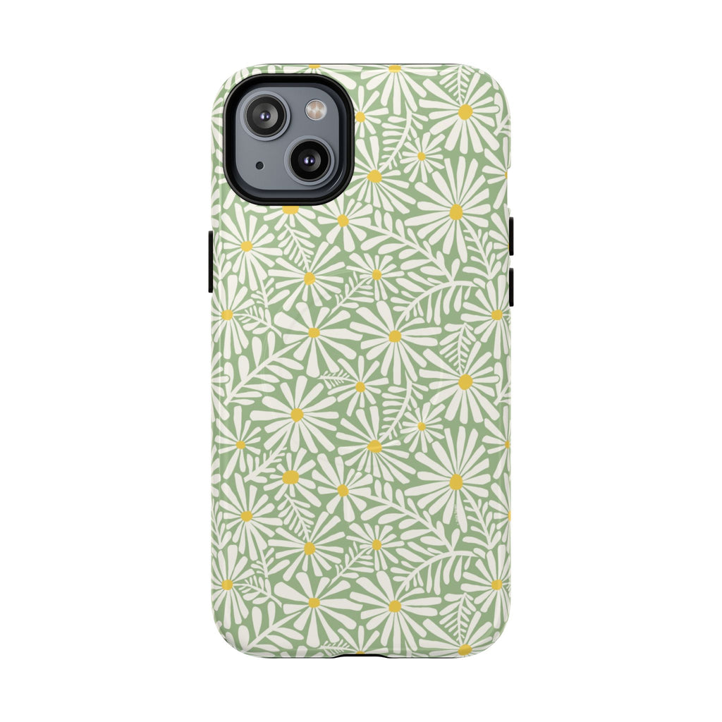 Montauk Daisy Meadow Green MagSafe iPhone 14 Plus Case – Glossy | sage green, white graphic daisy and fern print, golden yellow centers MagSafe compatible, dual-layer protection