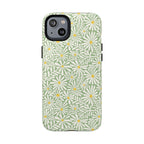 Montauk Daisy Meadow Green MagSafe iPhone 14 Plus Case – Glossy | sage green, white graphic daisy and fern print, golden yellow centers MagSafe compatible, dual-layer protection